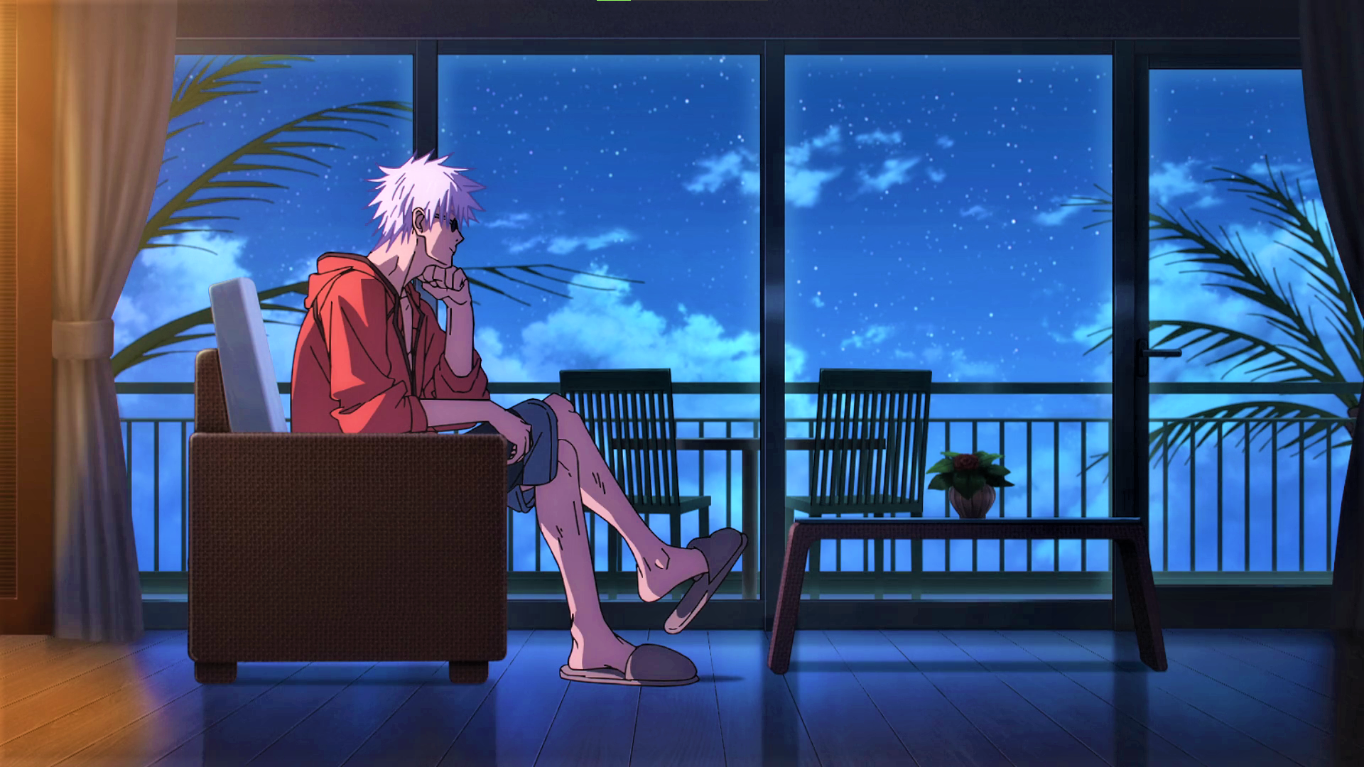 Jujutsu Kaisen Satoru Gojo Slippers White Hair Glasses Window Palm Trees Sky Clouds Stars Anime Anim 1920x1080