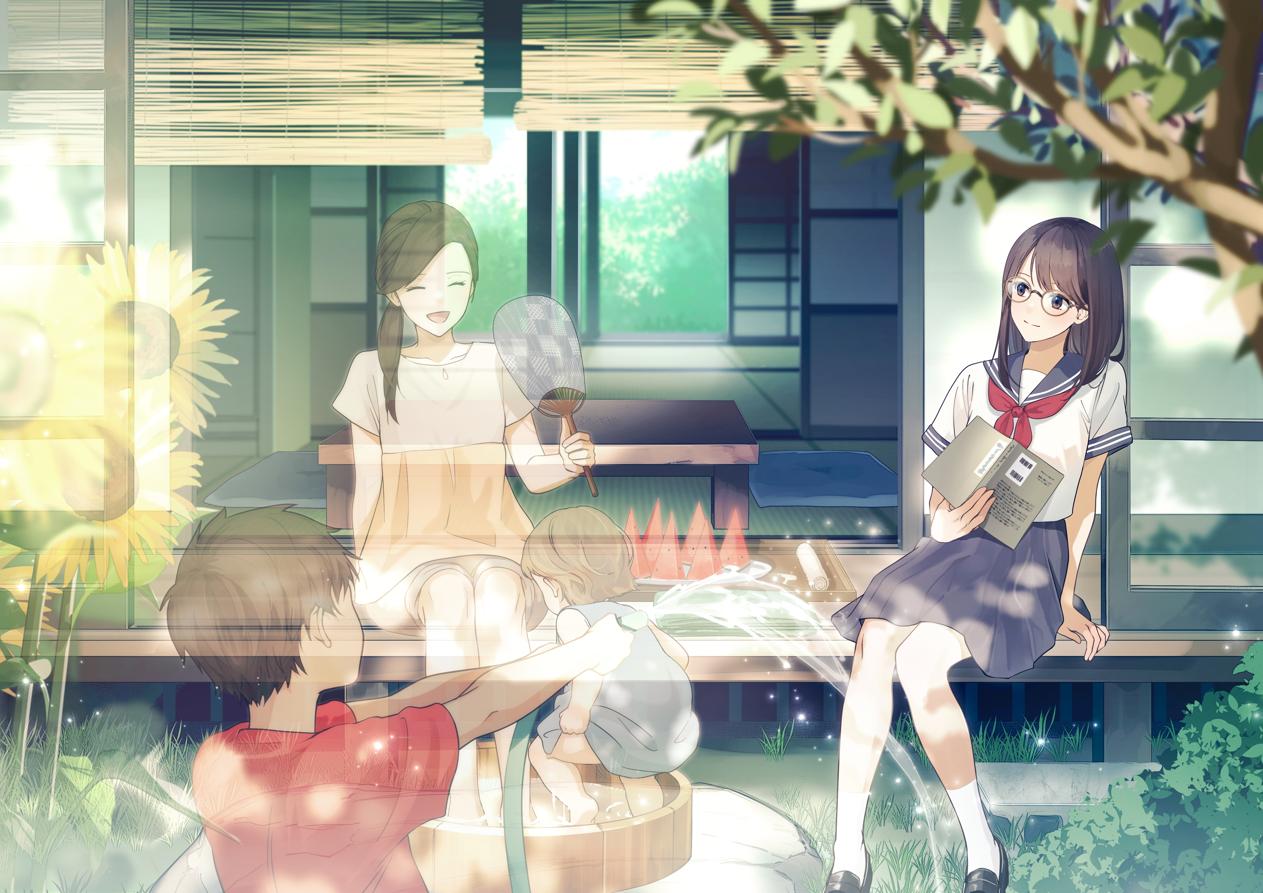 Anime Anime Girls Schoolgirl School Uniform Transparency Anime Boys Waterhose Water Sunflowers Sunli 4093x2894