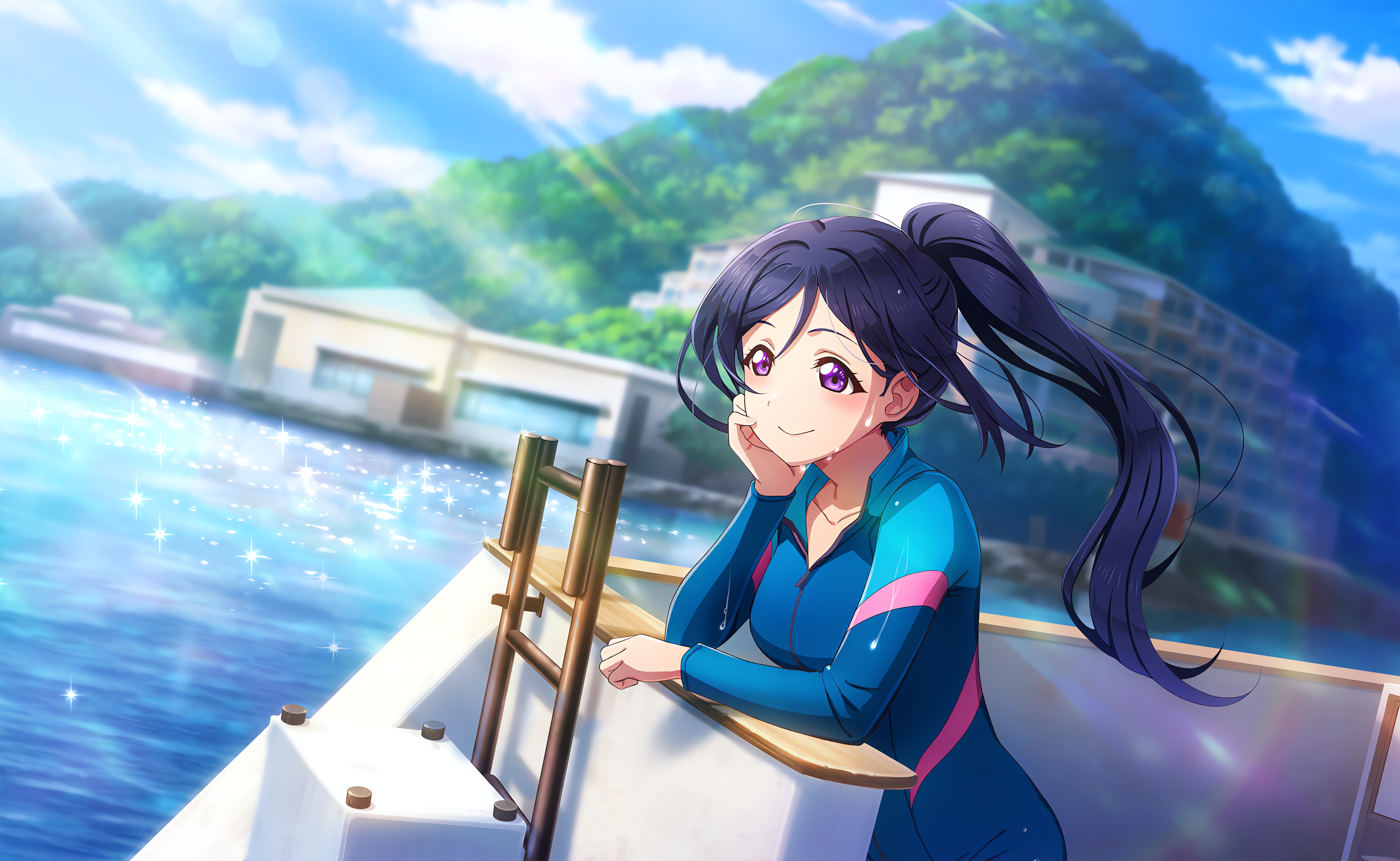 Matsuura Kanan Love Live Love Live Sunshine Anime Anime Girls Smiling Looking Away Water Sunlight Bl 4096x2520