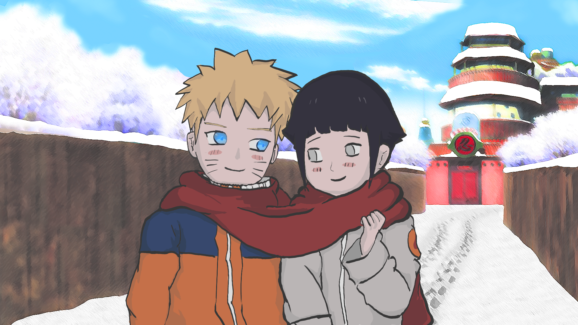 Naruto Anime Hinata Hideki Anime Anime Boys Anime Girls Cold Scarf Blonde Black Hair Snow Fan Art 1920x1080