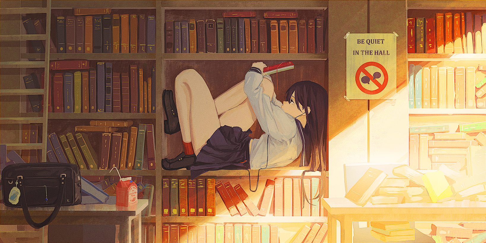 Pixiv Artwork Anime Girls Books Schoolgirl School Uniform Sunlight Lying On Back Bag Drink Long Hair 1637x818