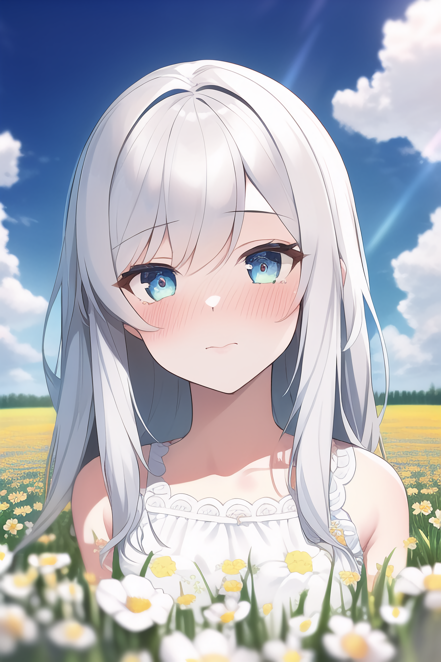 Anime Ai Anime Girls Flowerbomb Skirt Silver Hair Blue Eyes Flowers Clouds Blushing 1536x2304