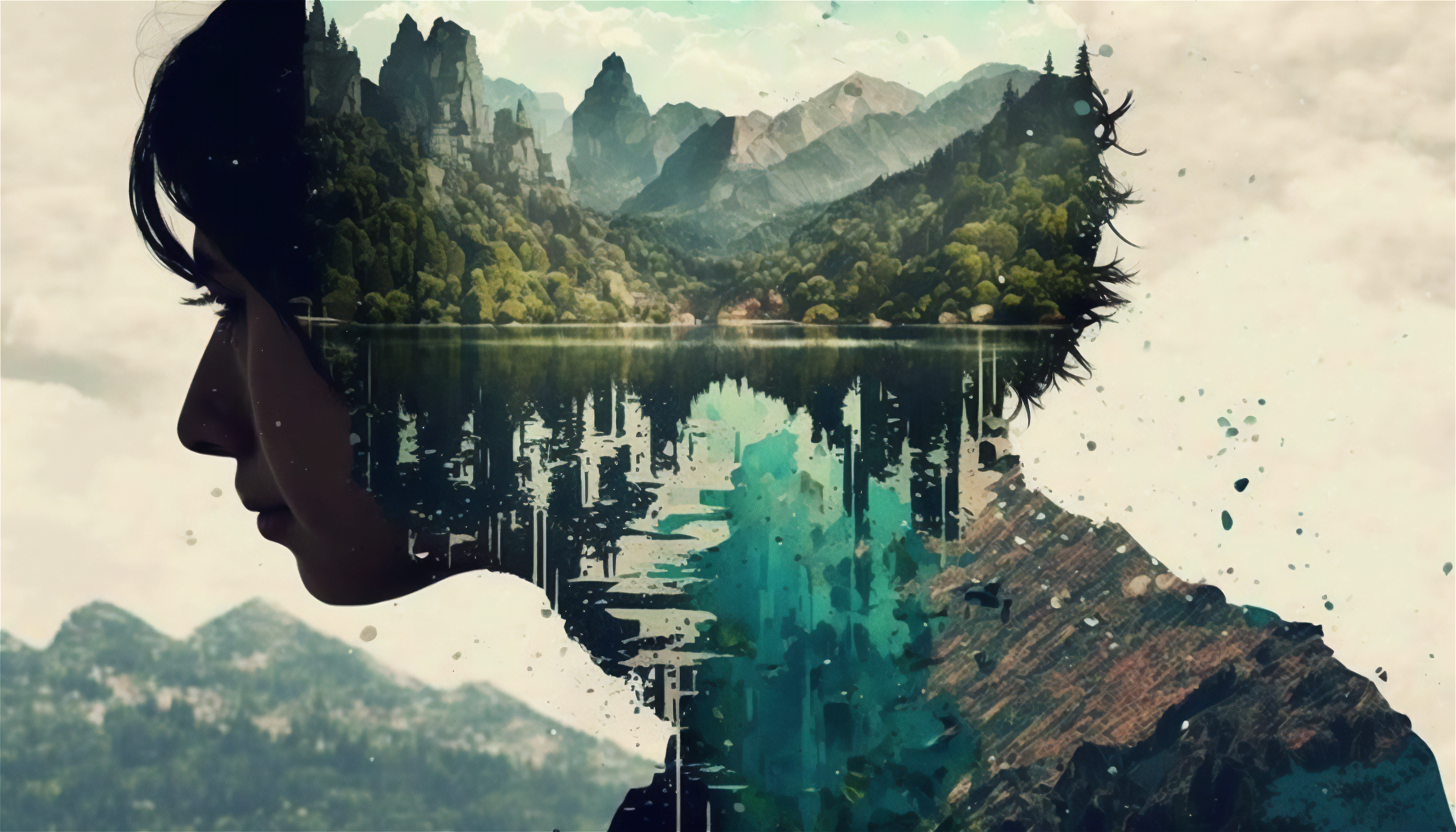 Ai Art Illustration Double Exposure Mountains Water 3136x1792