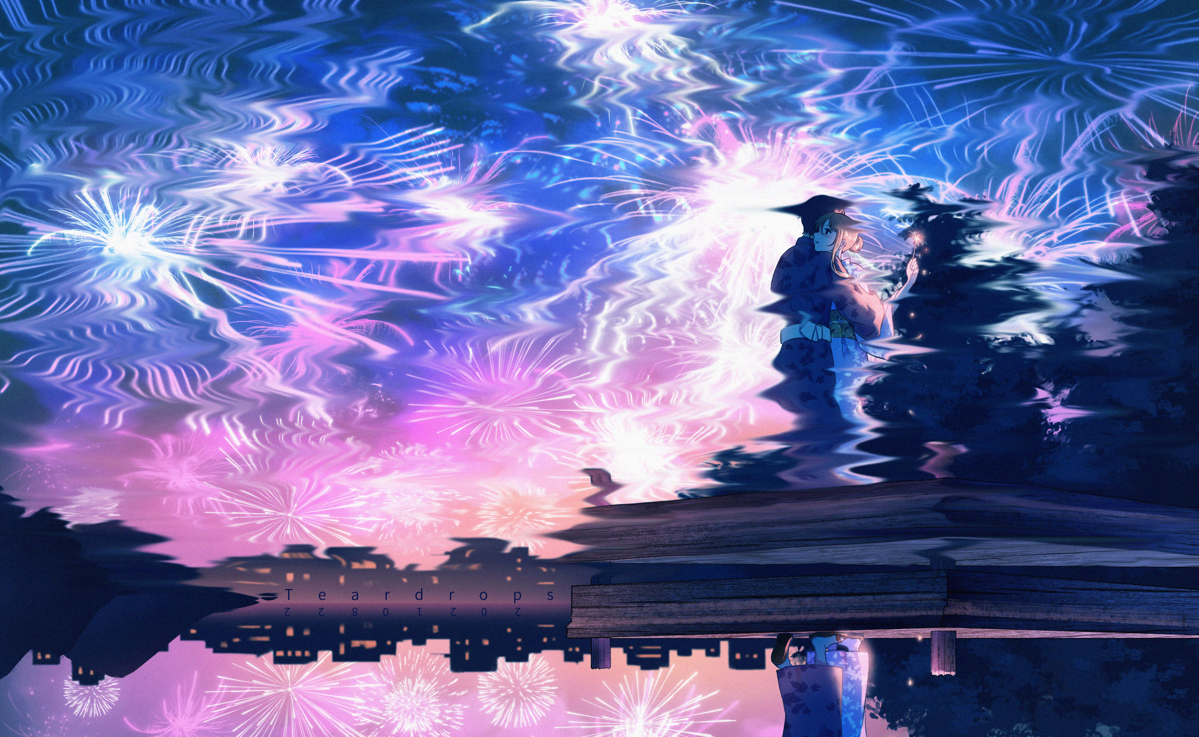Anime Anime Girls Fireworks Hugging Hairbun Vaporwave Standing Reflection Jetty Water Sky Night Anim 4066x2500