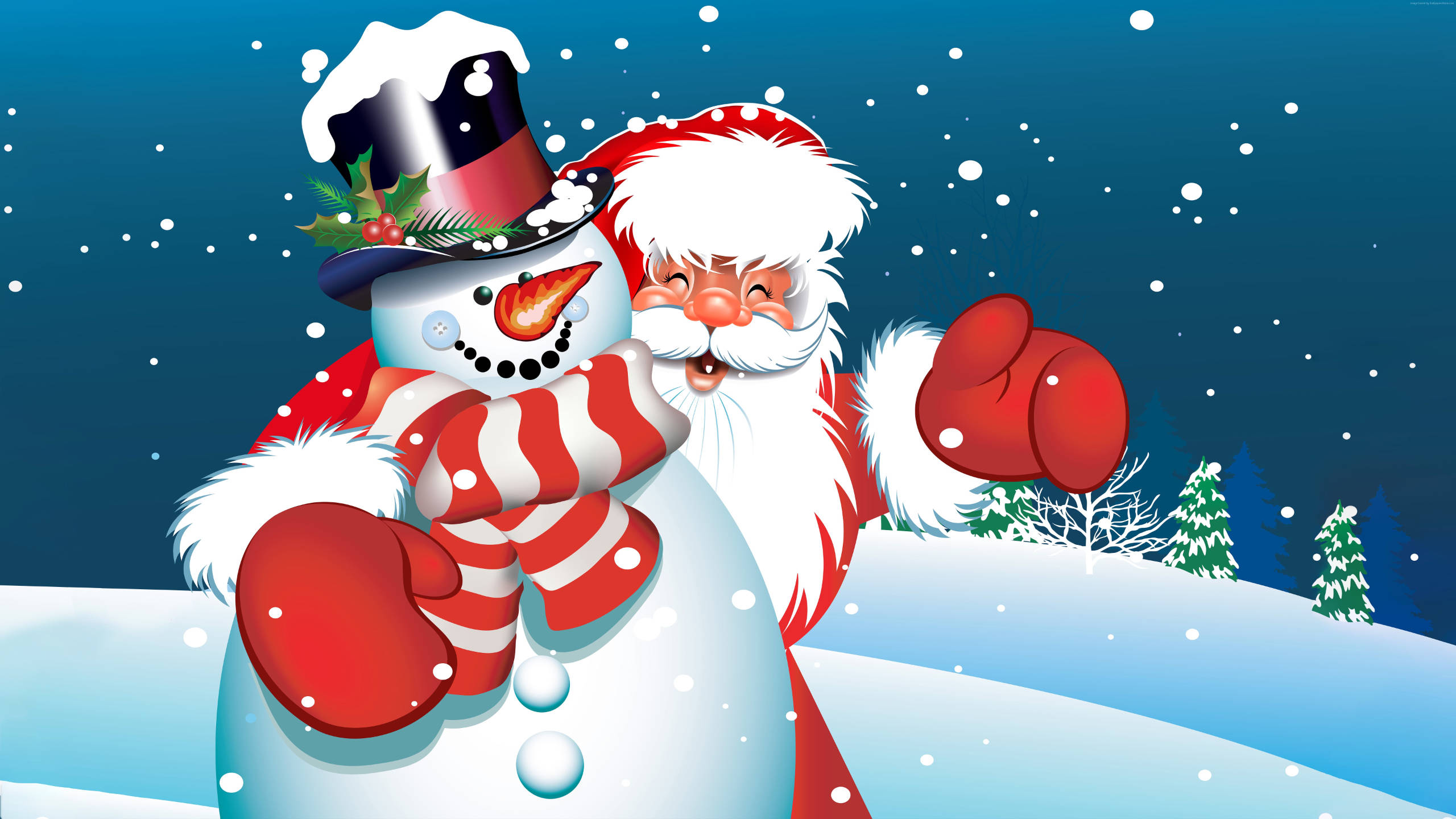 Santa Claus Snowman Christmas Snow Trees Hat Gloves 2560x1440