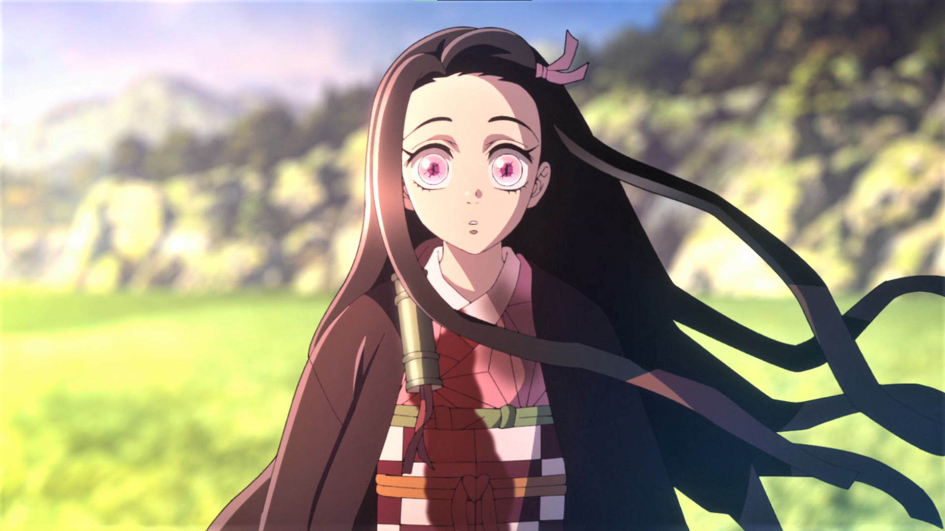 Kimetsu No Yaiba Kamado Nezuko Sun Nature Trees Pink Eyes Demon Two Tone Hair Bow Kimono Bamboo Anim 1920x1080