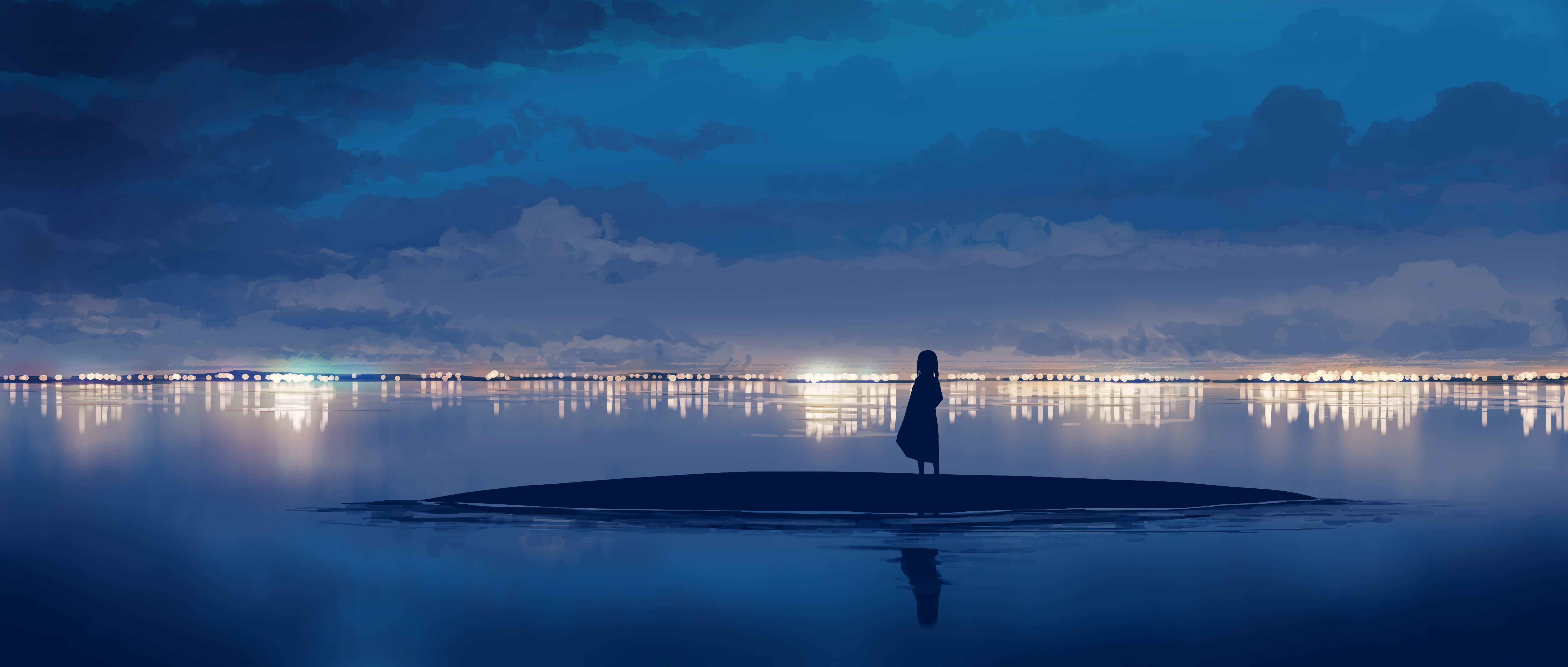 Anime Anime Sky Artwork Anime Girls Horizon Clouds Sky Silhouette Gracile Riverside Reflection Light 5640x2400