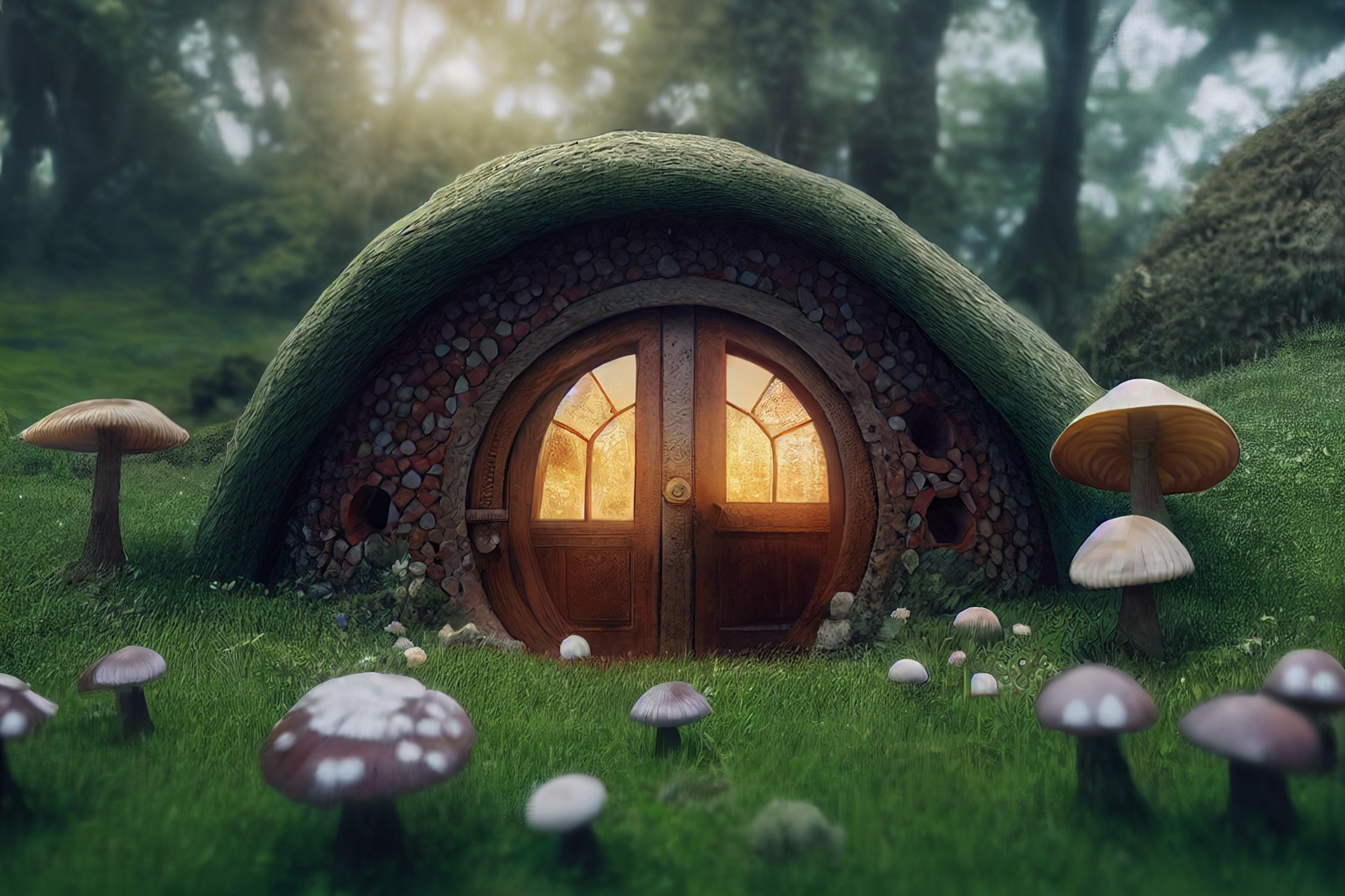 Ai Art Hobbiton House Mushroom Grass Fungus 2304x1536