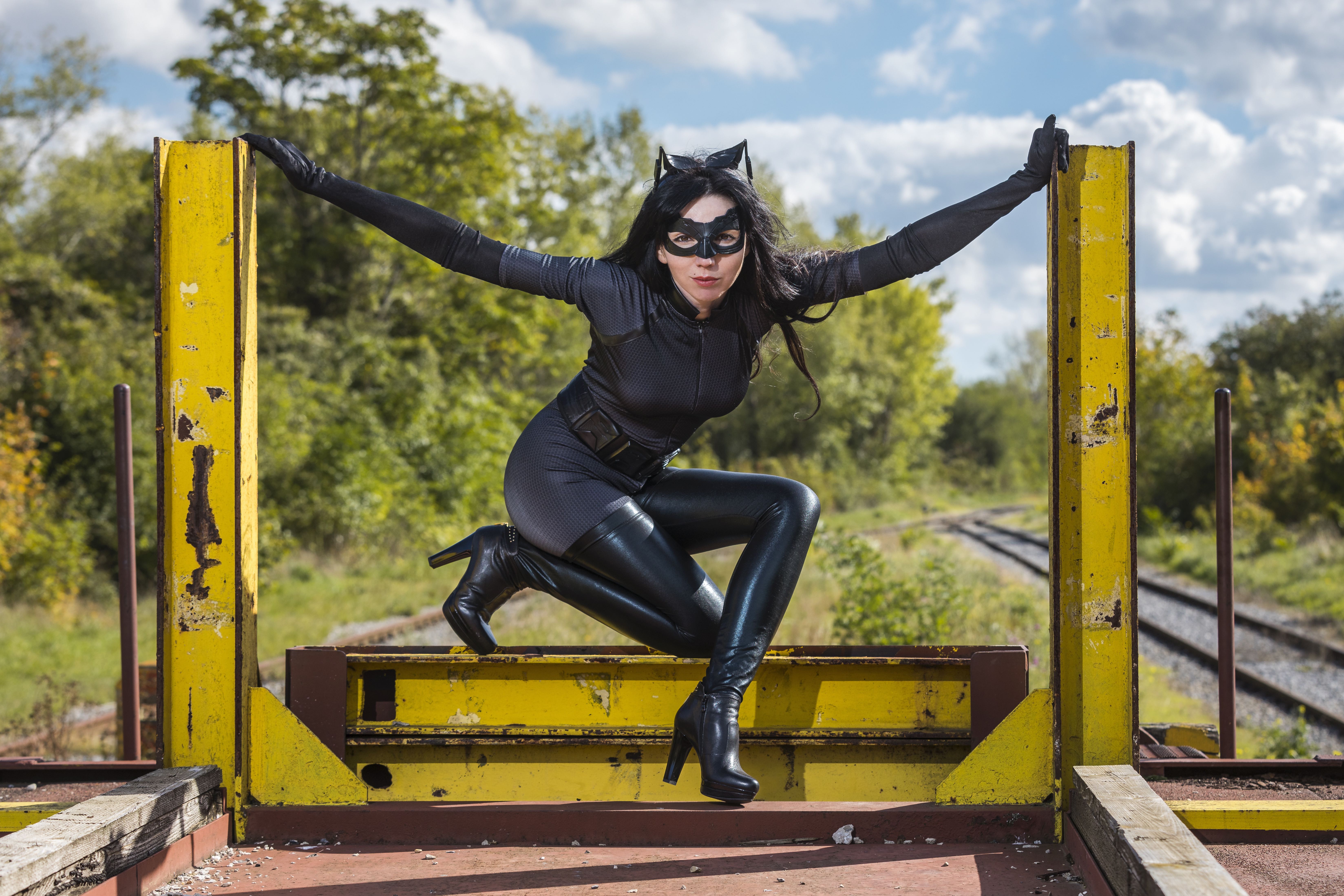 Catwoman Women Boots Legs Mask Outdoors Looking At Viewer High Heels 6593x4395