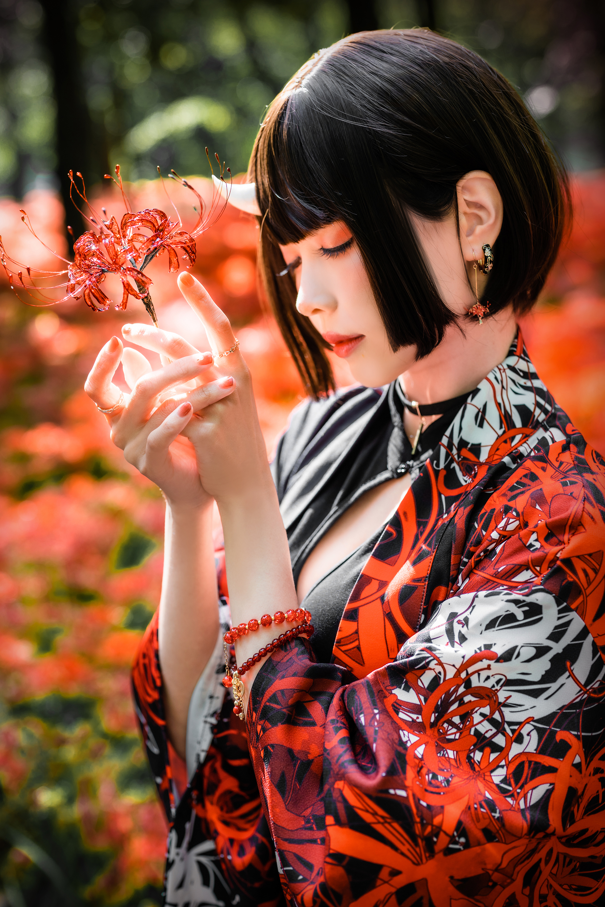 Ely Asian Higanbana Spider Lilies Flowers Horns Bokeh Kimono Forest Closed Eyes Earring Bracelets Ri 2048x3070