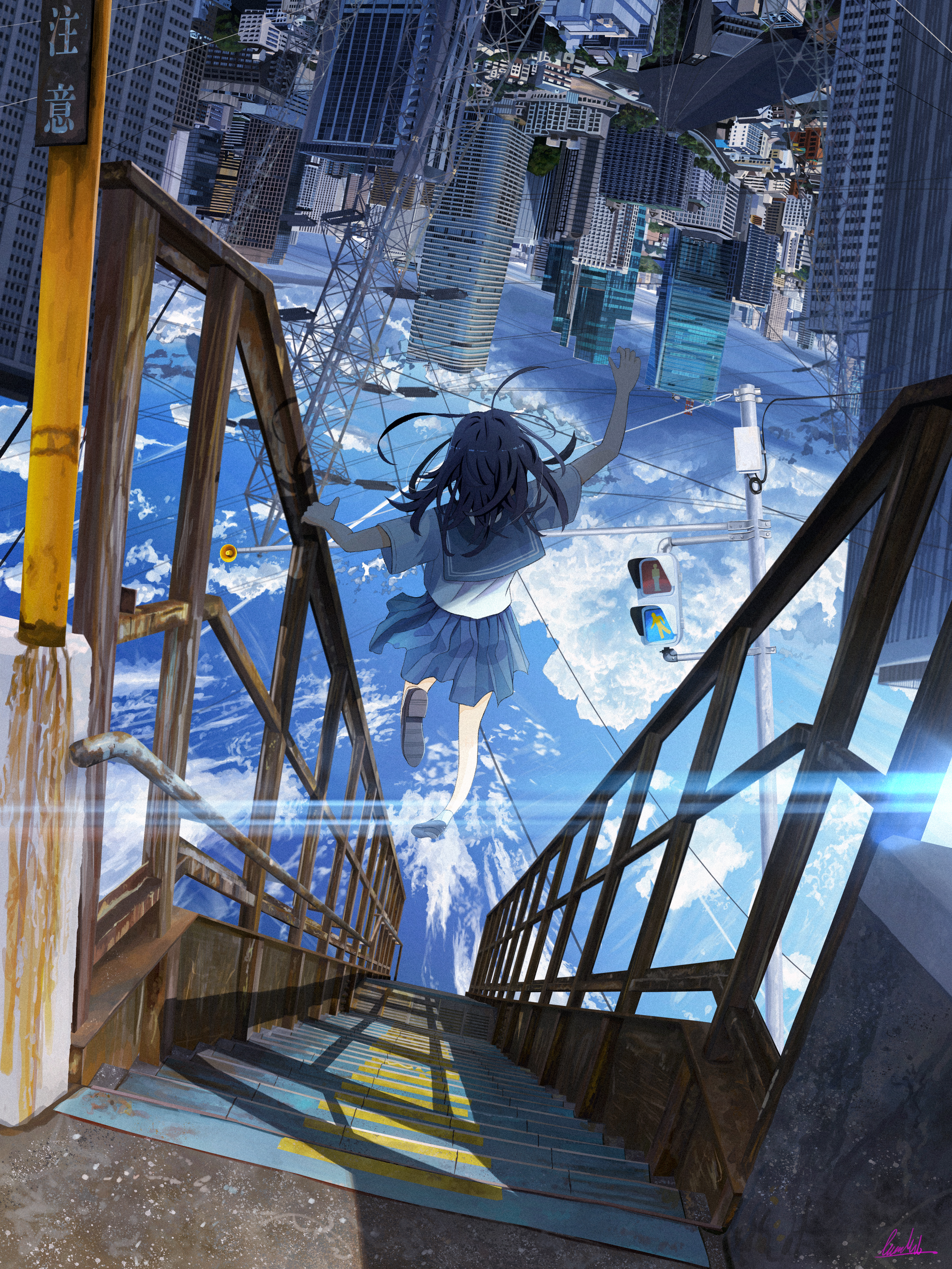 Digital Digital Art Anime Anime Girls Abstract City Cityscape Ladder Sky Clouds School Uniform Schoo 3376x4501