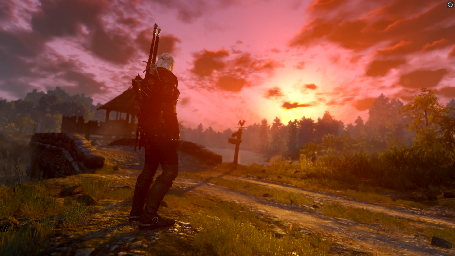 The Witcher 3 Wild Hunt Video Games Standing Video Game Characters CGi Video Game Art Clouds Sunset  1920x1080