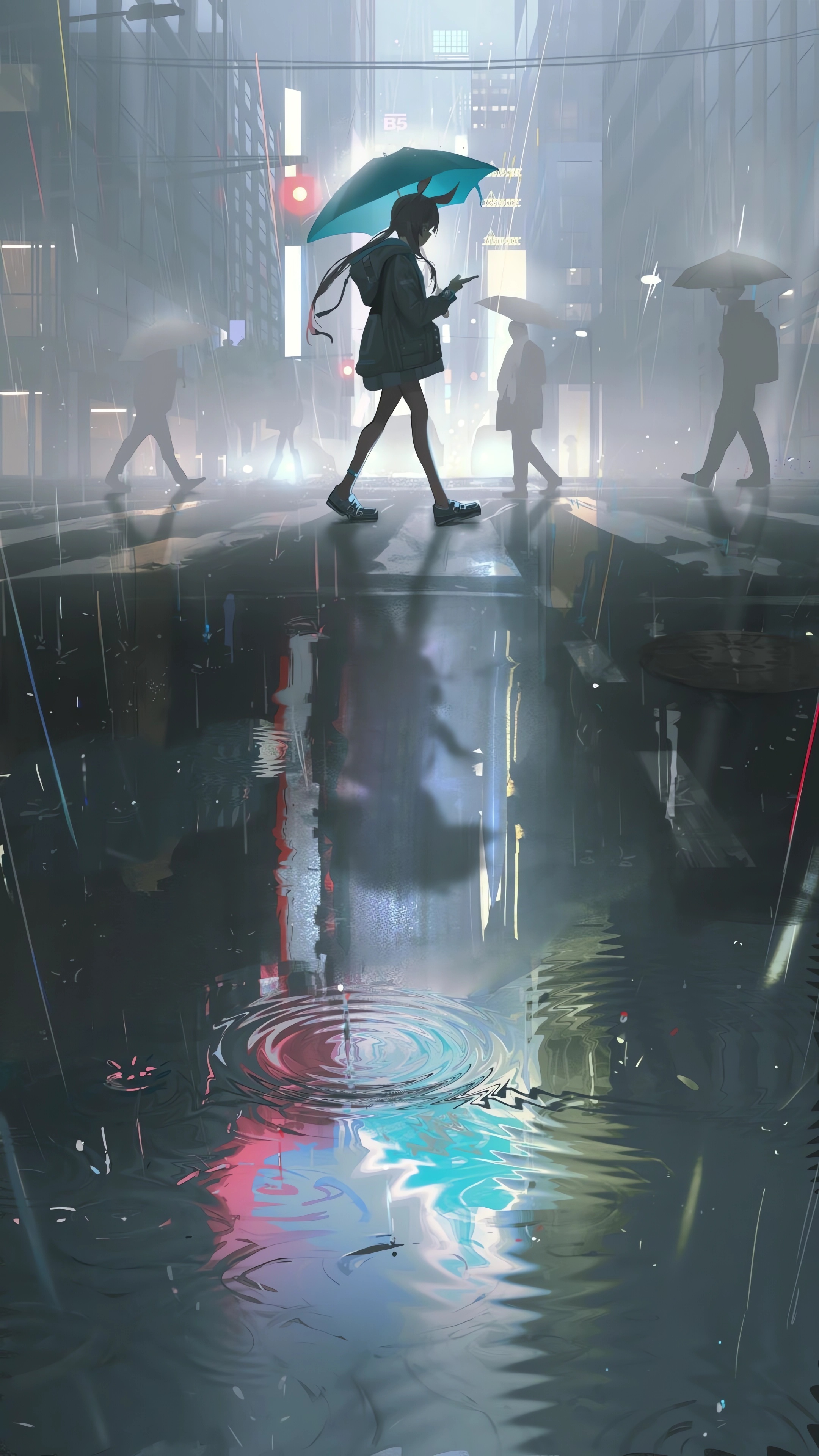 Anime Anime Girls Amiya Arknights Arknights Portrait Display Walking Umbrella Pedestrian Bridge City 2160x3840
