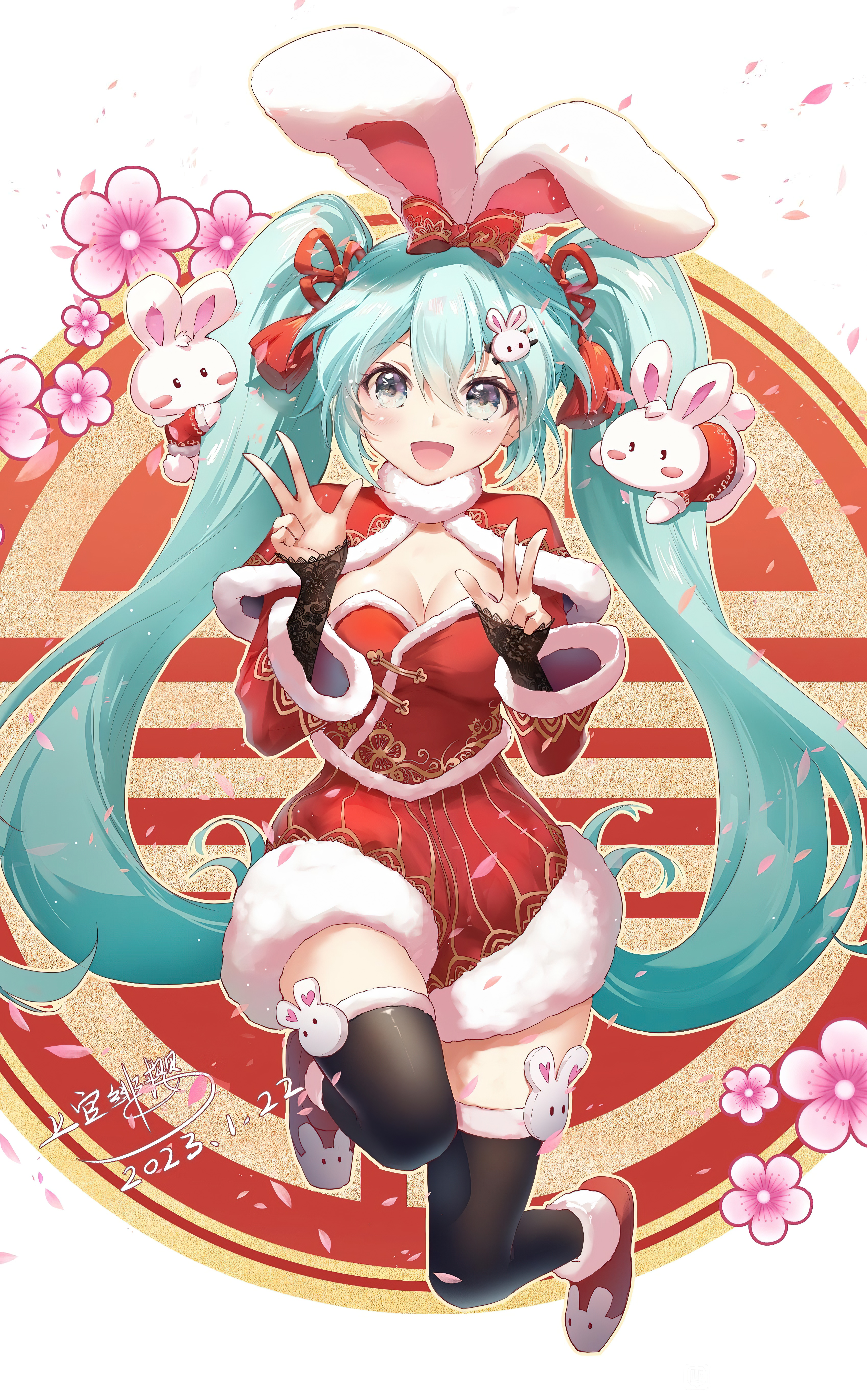Hatsune Miku New Year Shangguan Feiying Anime Girls Vertical Vocaloid Chinese Clothing Rabbits Twint 3394x5476