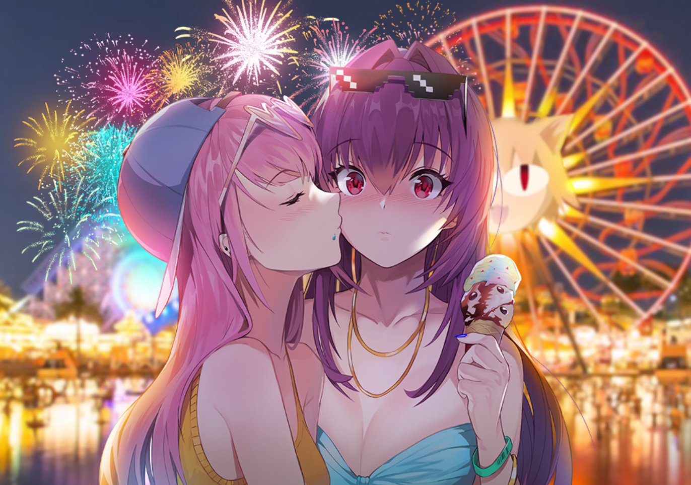 Anime Anime Girls Ferris Wheel Kissing Blushing Long Hair Hat Fireworks Ice Cream Bracelets Sunglass 1372x963