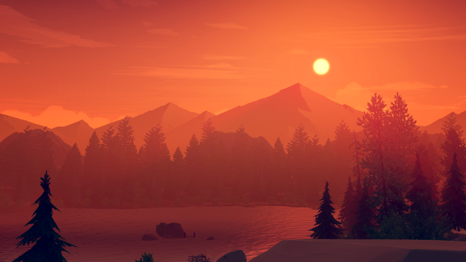 Fall Forest Sunset Trees Mountains Water Sun Sunset Glow Nature 1920x1080