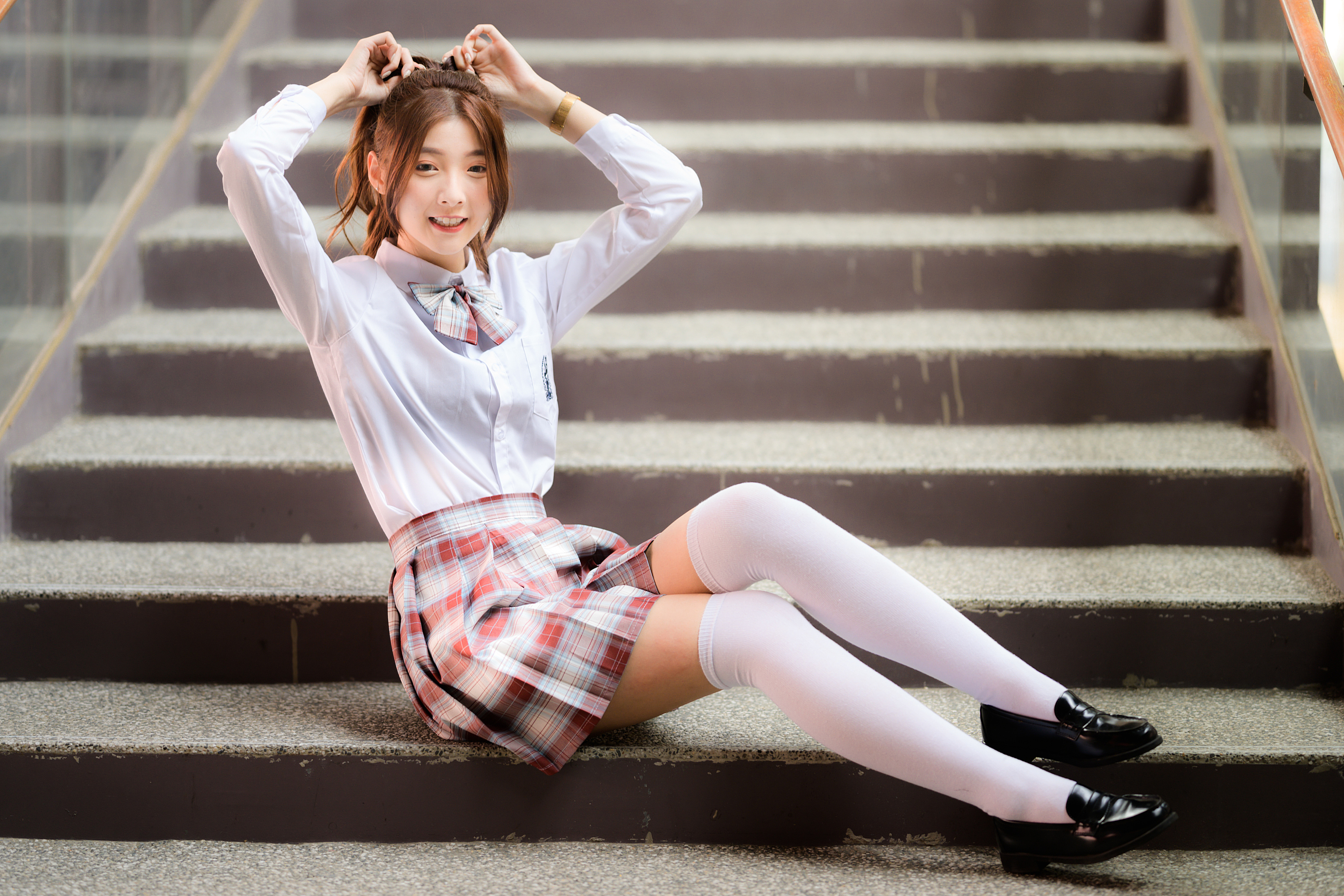 Asian Model Women Dark Hair Long Hair Sitting Knee High Socks School Uniform Ponytail 3280x2187