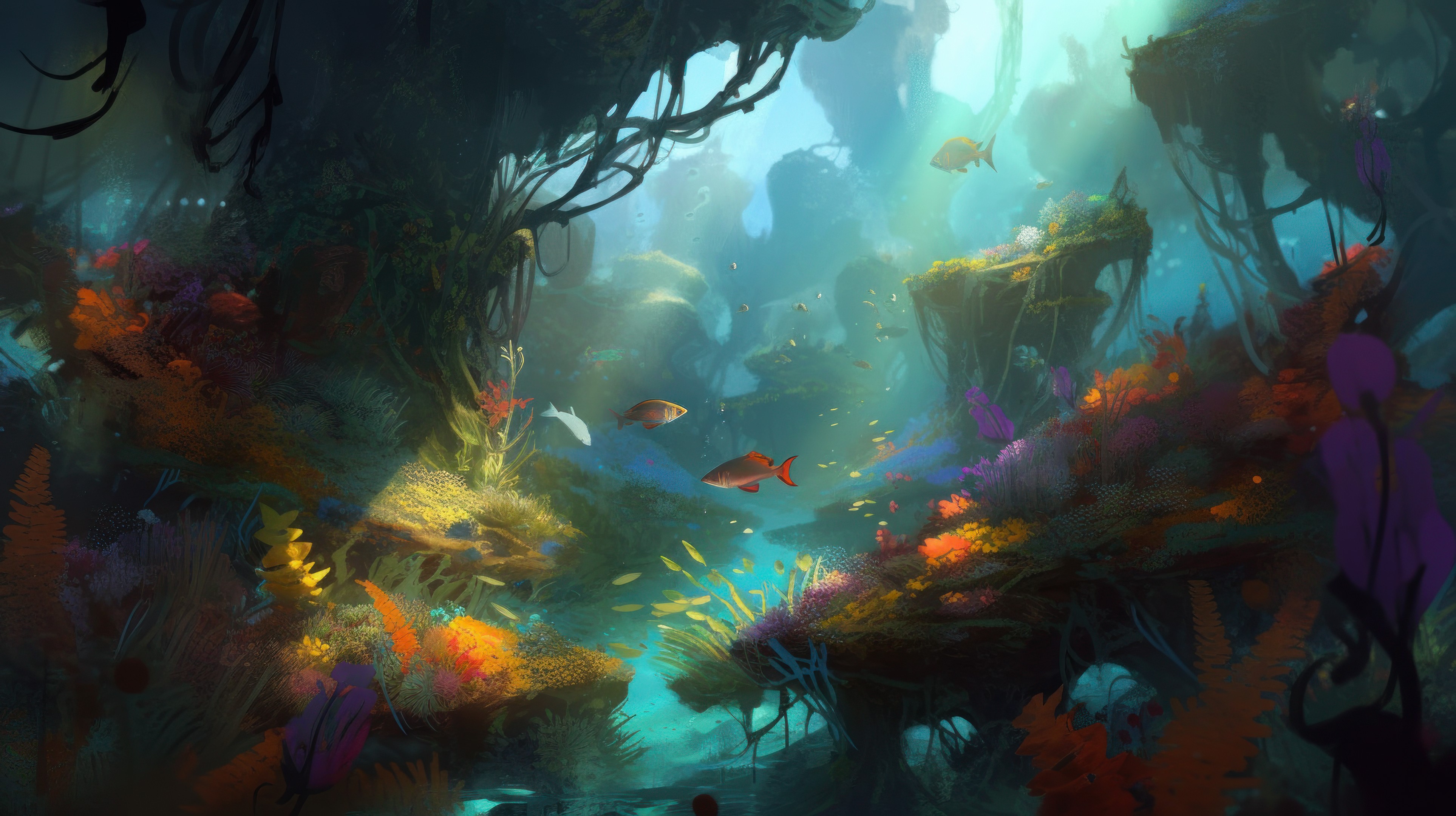 Ai Art Aliens Landscape Planet Underwater Colorful Fish Illustration Water In Water Sunlight Animals 3854x2160