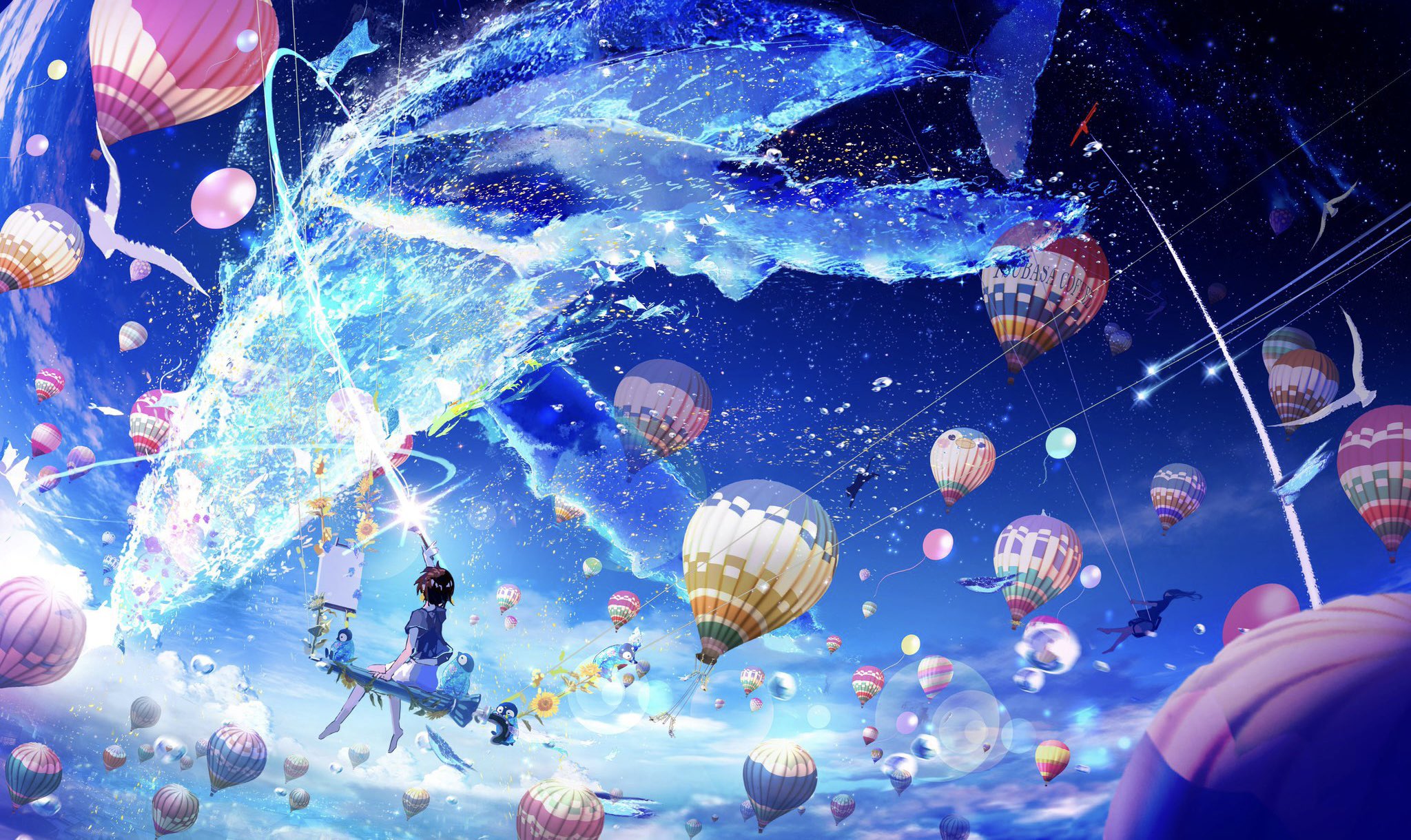 Anime Anime Girls Whale Hot Air Balloons Artwork Fish Birds Clouds Water Sky Animals Sitting Short H 2048x1220