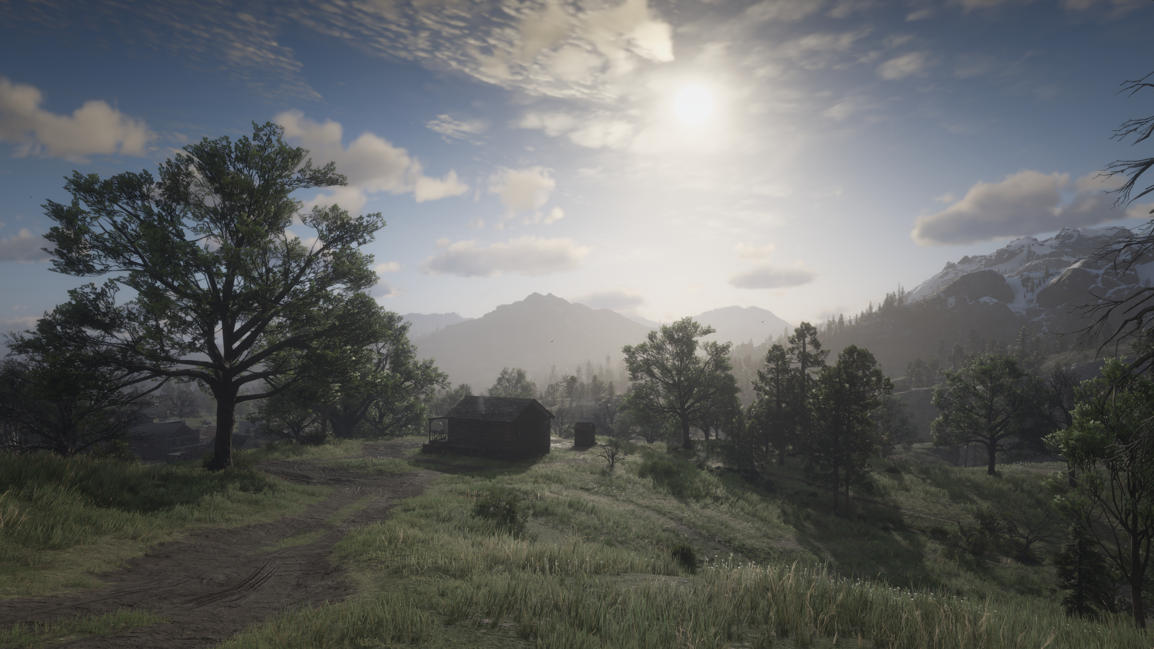 Red Dead Redemption 2 Nature Video Games Sky Clouds Trees Path Mountains Sun 3840x2160