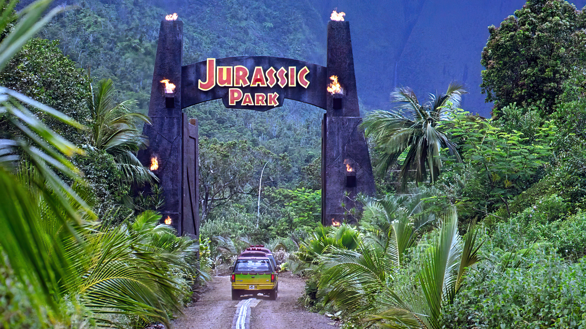 Jurassic Park Jungle Movies Film Stills Car Sign Logo Plants Palm Trees Gates Torches 1920x1080