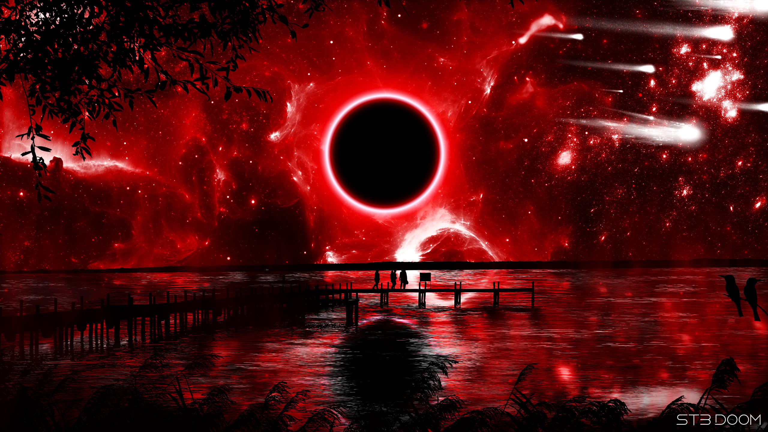 Red Black Eclipse Bridge Water Reflection Sky Trees Branch Leaves Space Stars Nebula Shooting Stars  2560x1440