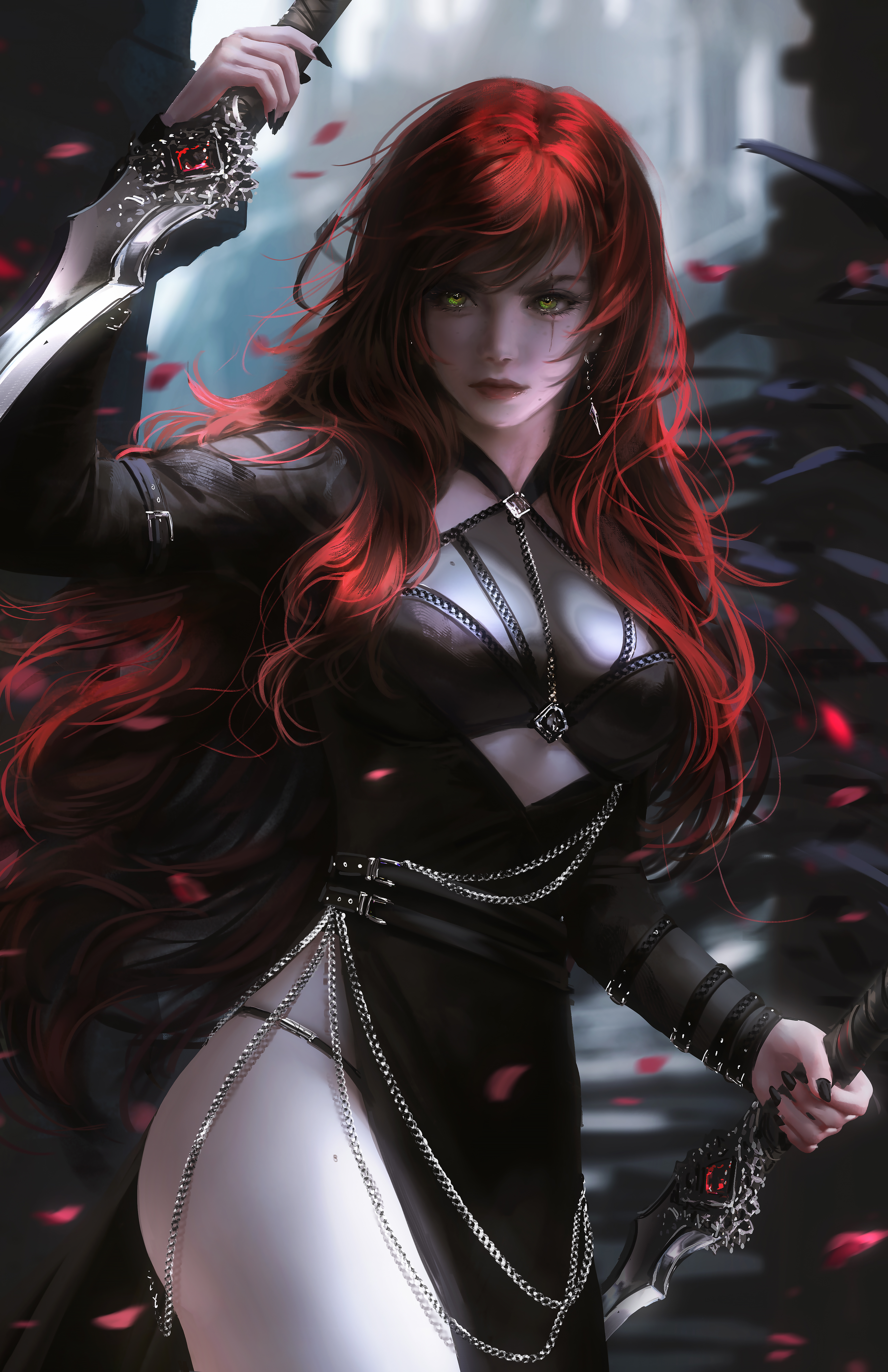 Nixeu Digital Art Artwork Illustration Katarina League Of Legends Long Hair Redhead Dress Black Dres 4505x6963
