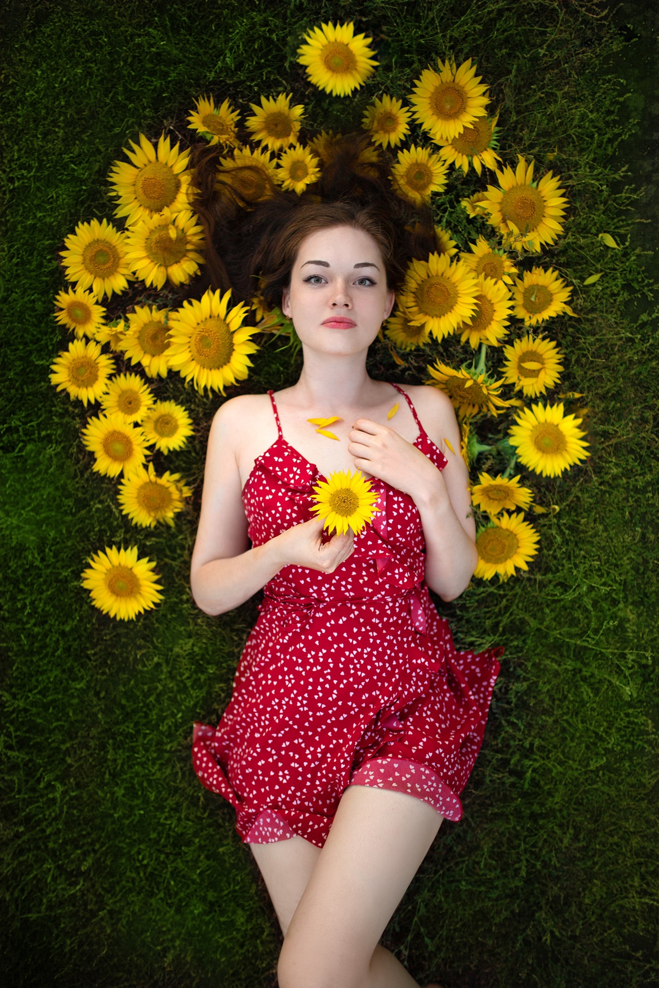 Aleksey Lozgachev Women Brunette Dress Red Clothing Flowers Sunflowers Grass Top View 1280x1920
