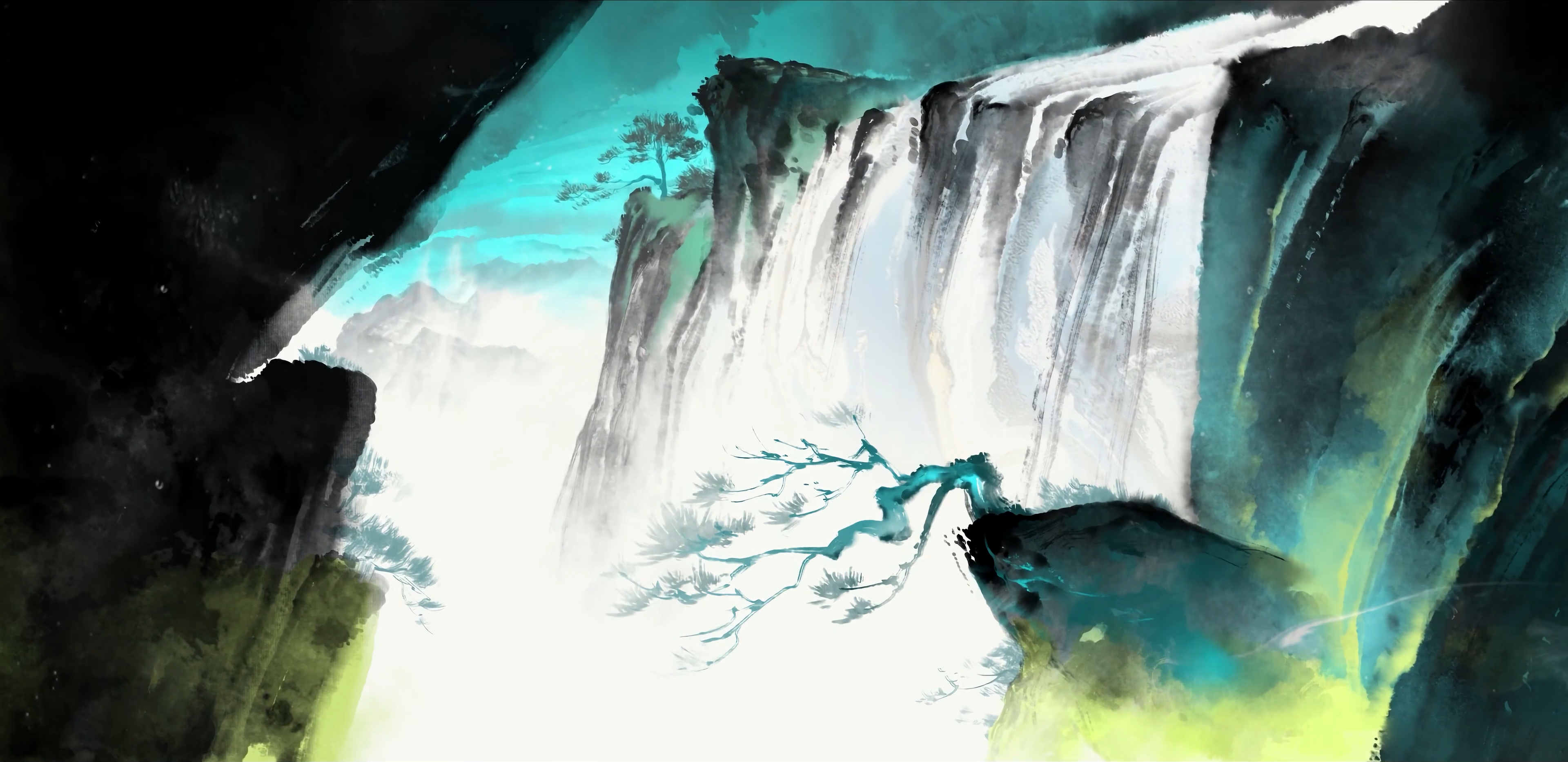 ChinaGuFeng Wushan Five Elements Water Waterfall Artwork Trees 3840x1867