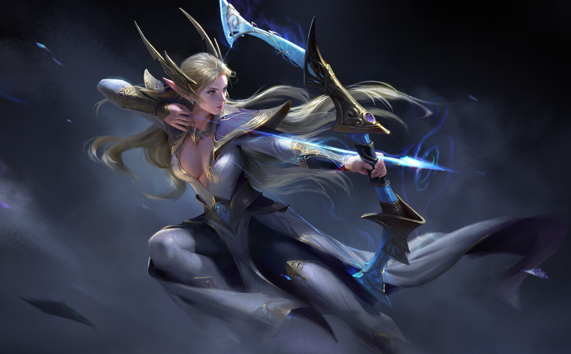 Artwork Fantasy Art Women Fantasy Girl Aiming Blonde Bow And Arrow Long Hair Pointy Ears 1920x1193