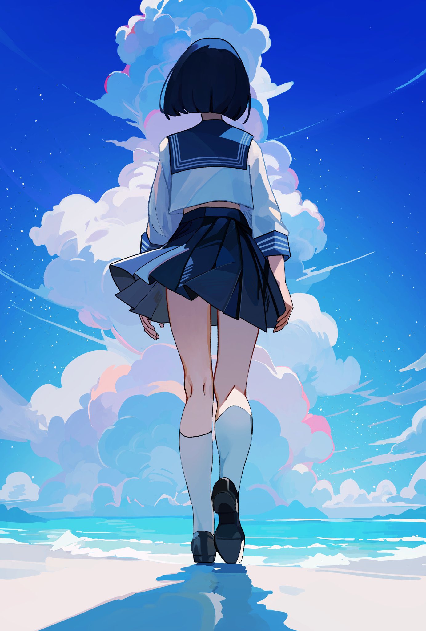 Anime Anime Girls School Uniform Schoolgirl Walking Rear View Bob Cut Cumulus Short Hair Long Sleeve 1384x2048