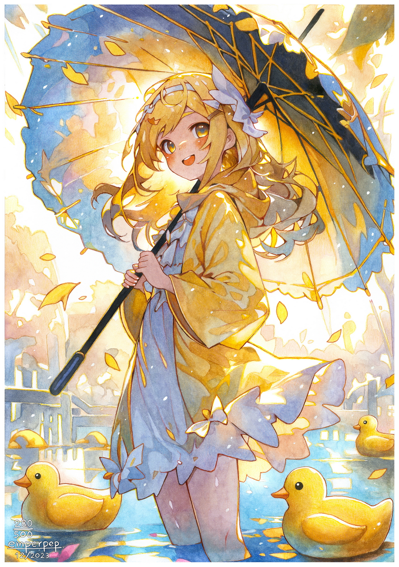 Anime Girls White Dress Looking At Viewer Blonde Umbrella Yellow Jacket Water Standing In Water Yell 1388x1972