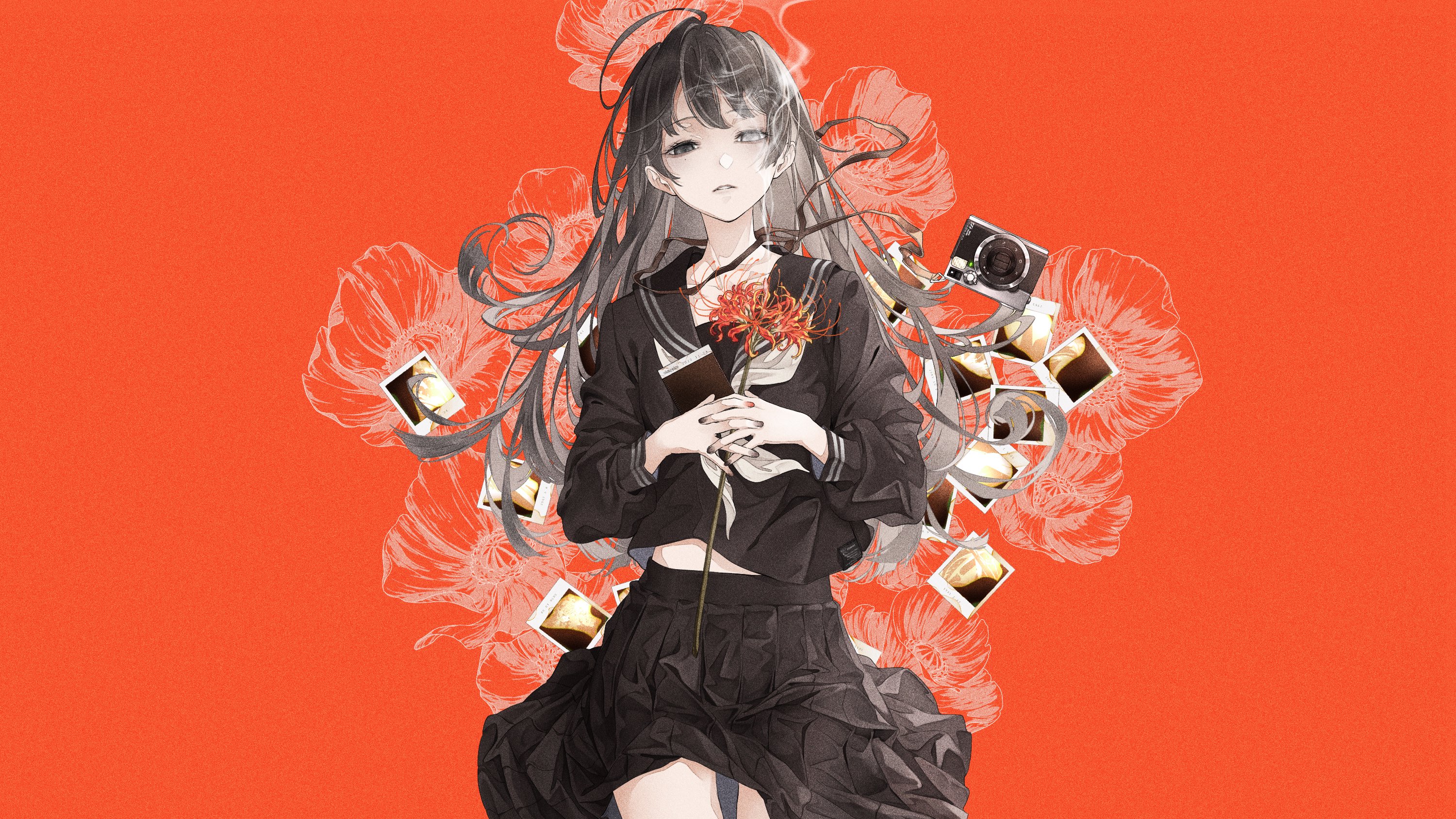 Anime Anime Girls Simple Background Picture Camera Minimalism Orange Background Smoke Schoolgirl Sch 3000x1688