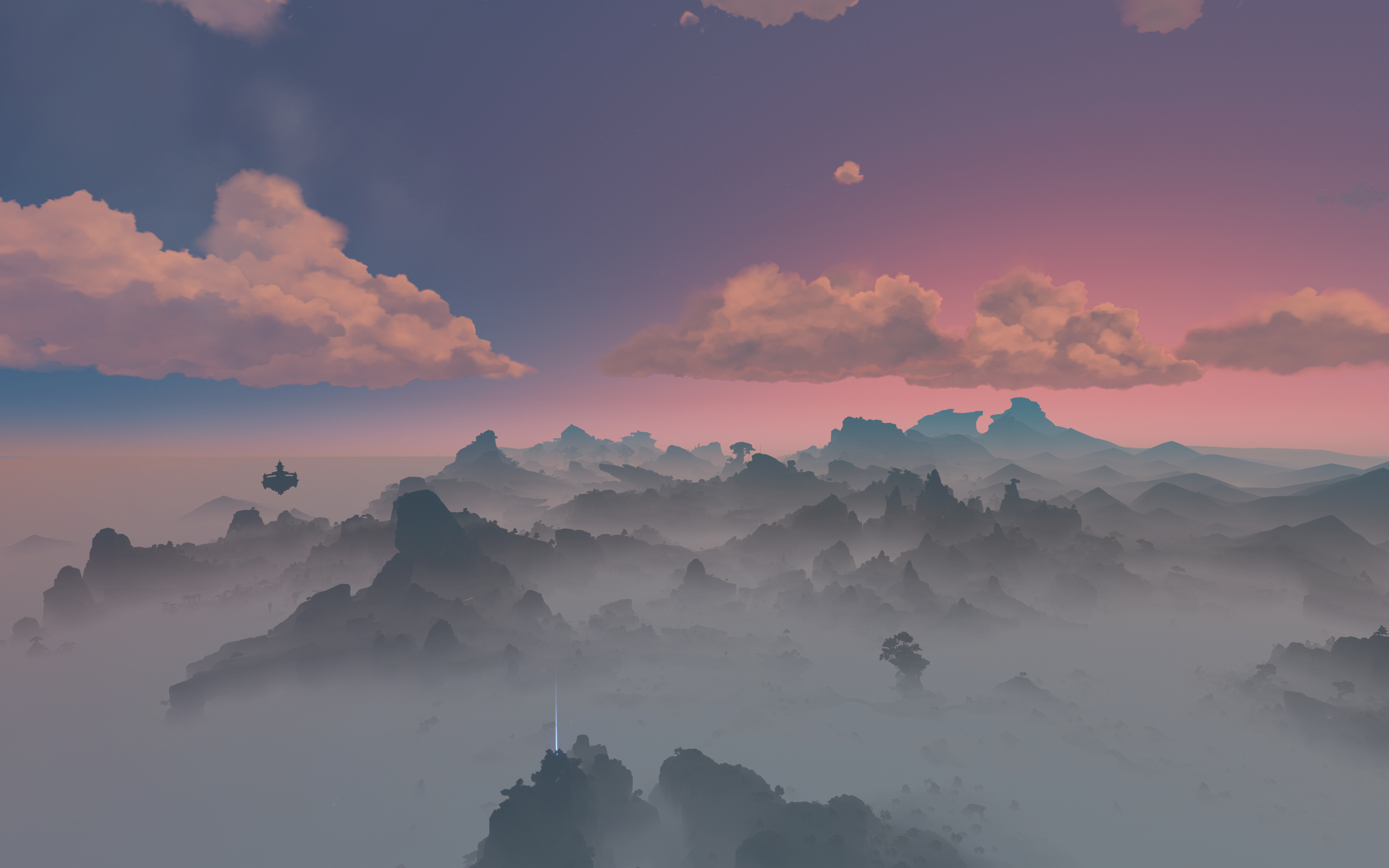 Genshin Impact Anime Sky Clouds Dusk Sunset Screenshot Of The Game Mist Mountains 2560x1600