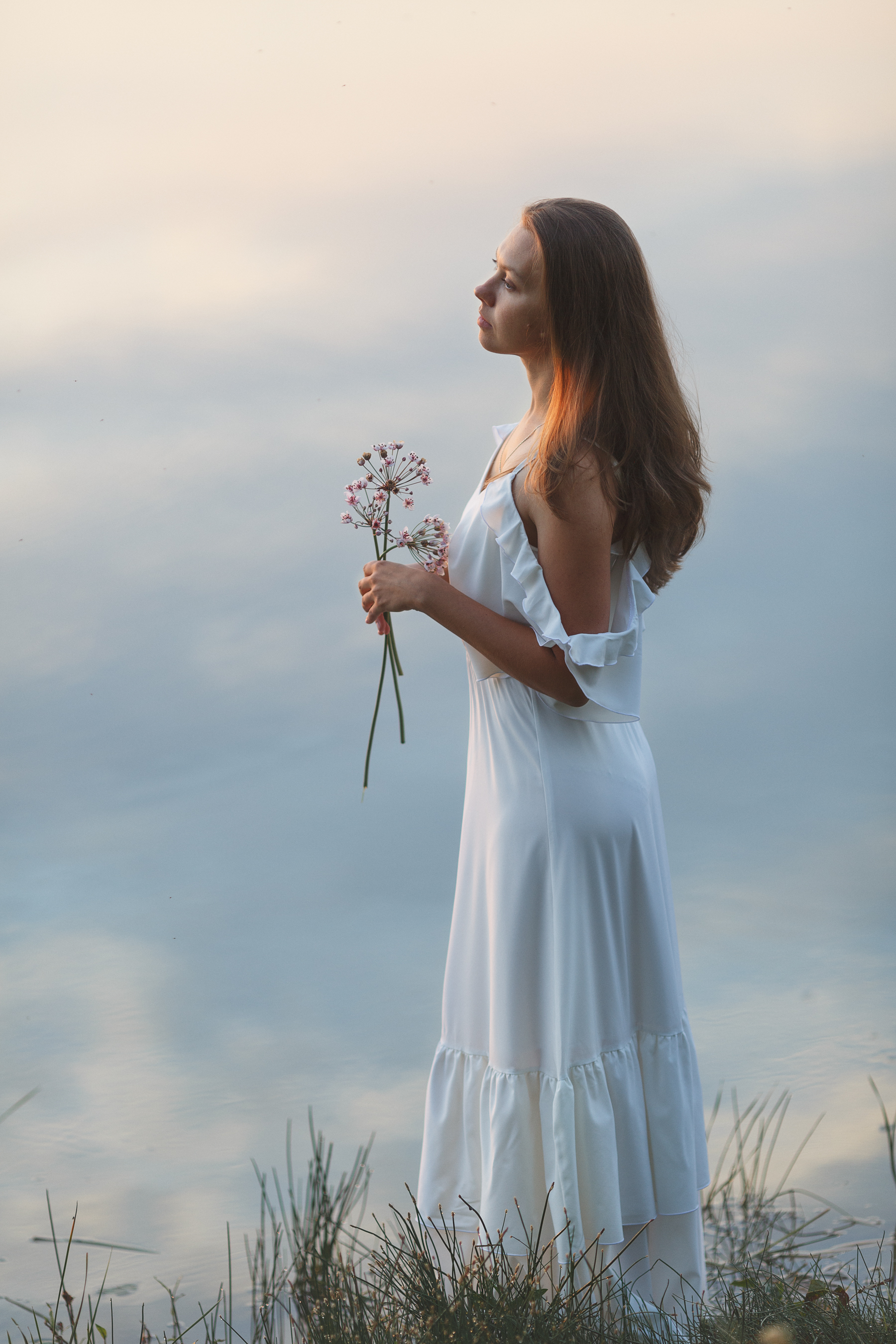Oxana Vedmedenko Women Brunette Dress White Clothing Flowers Sky 1800x2700