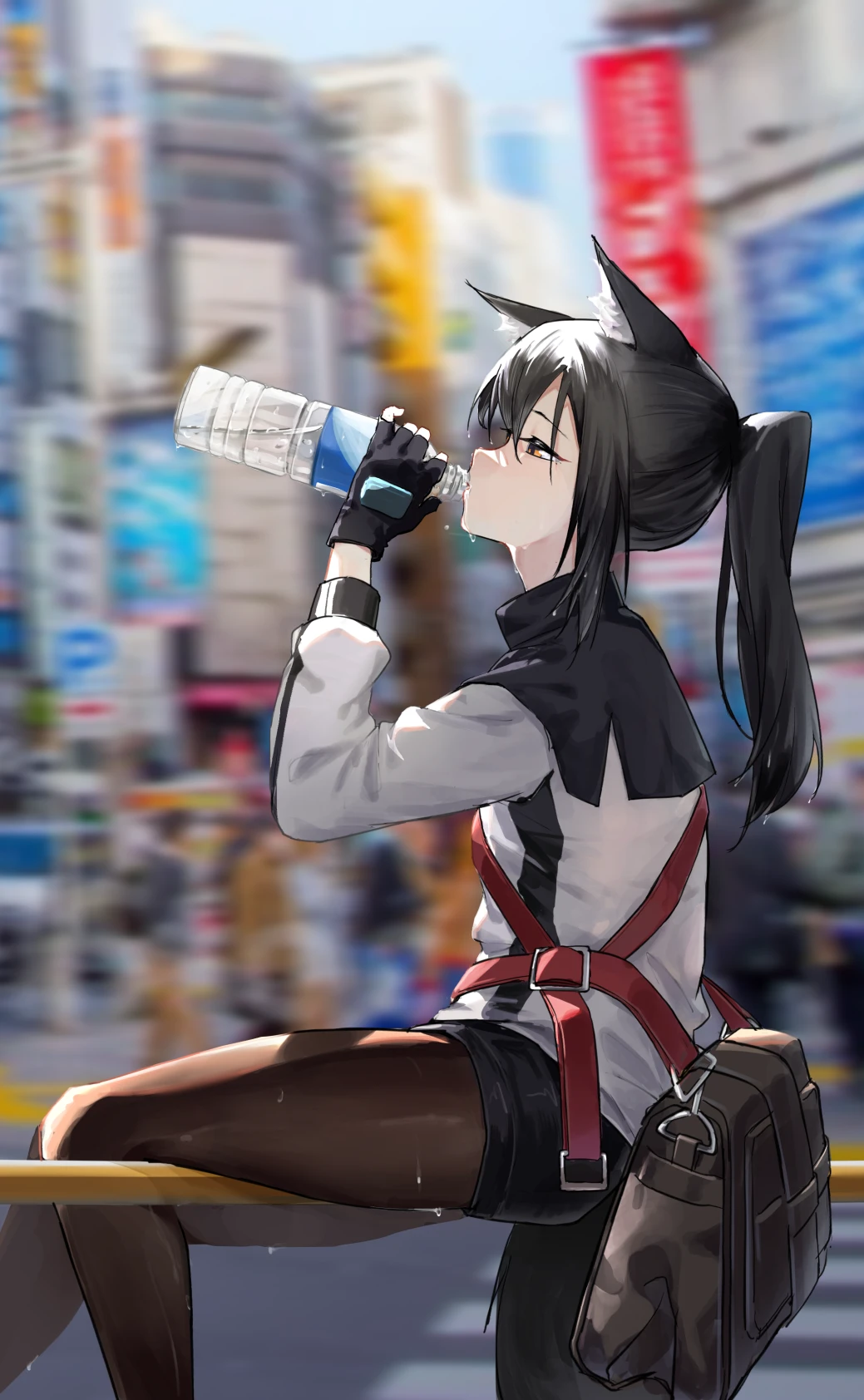 Arknights Texas Arknights Anime Girls Ponytail Uniform Portrait Display Sitting Water Bottle Drinkin 1039x1684