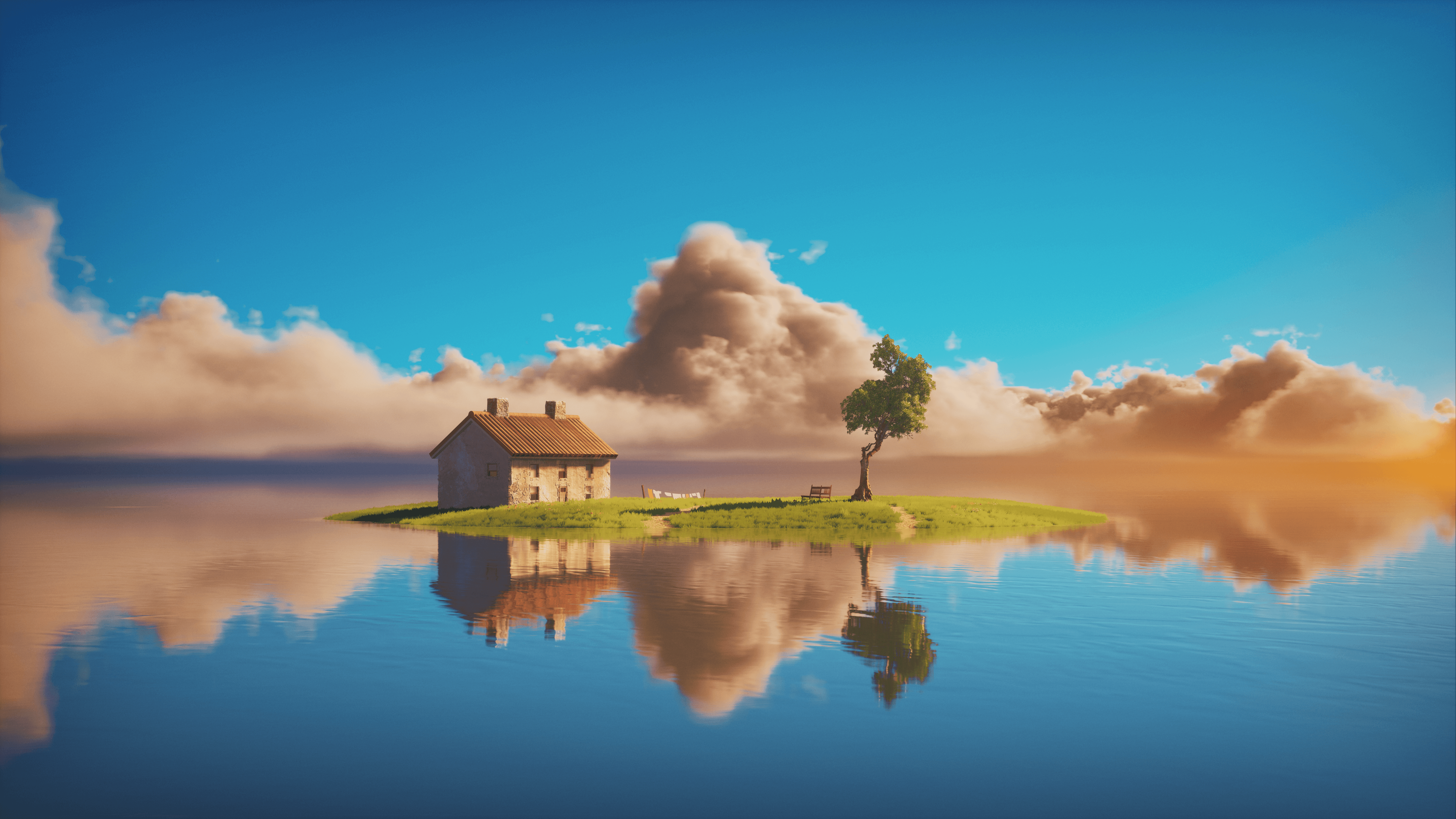 Louis Coyle Digital Art Artwork Illustration Landscape Nature Spirited Away House Island Reflection  5120x2880