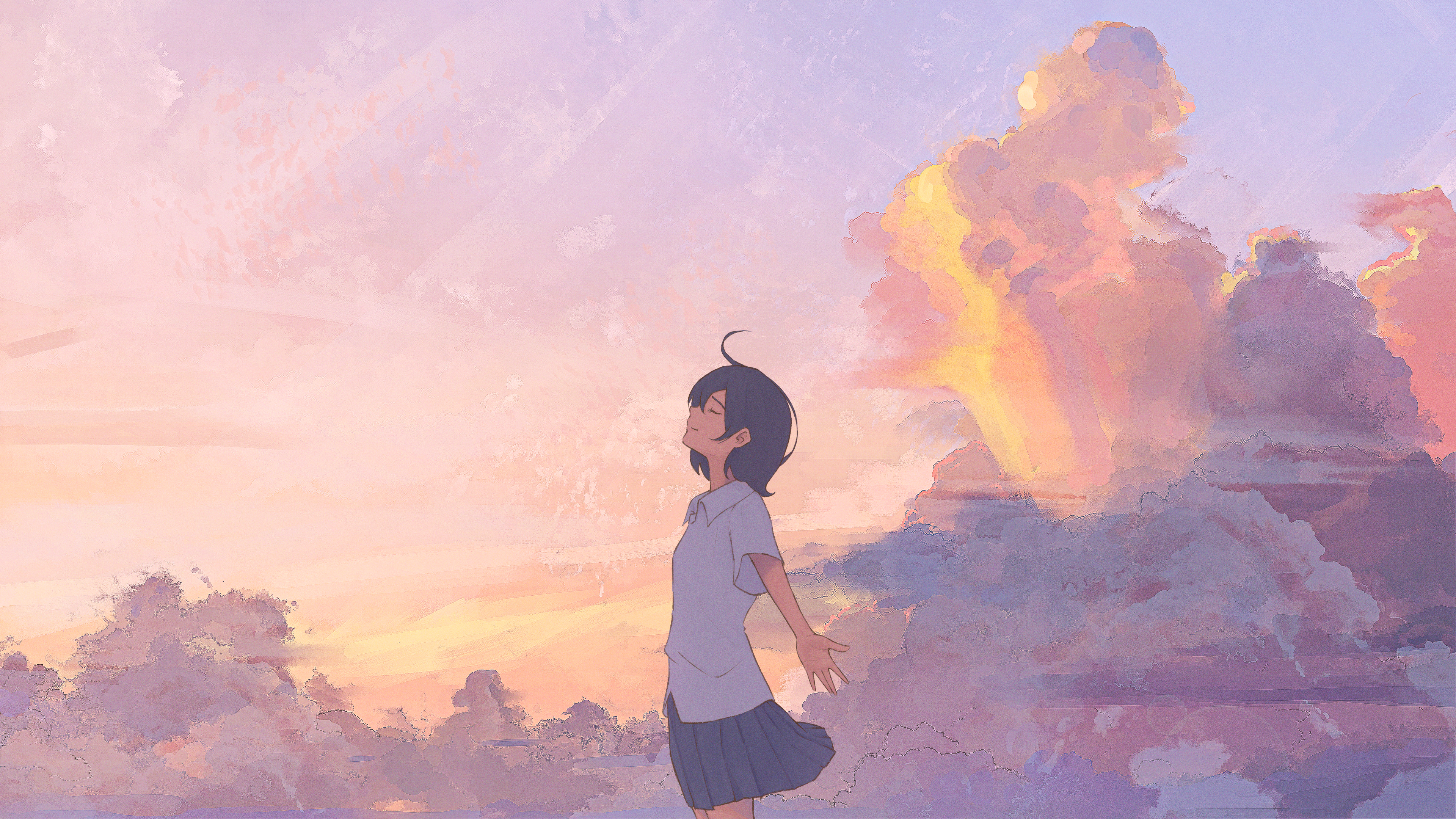 Oka Kojiro Illustration Anime Girls Anime Sky Sky Clouds Wind Closed Eyes Students School Uniform Wh 3840x2160