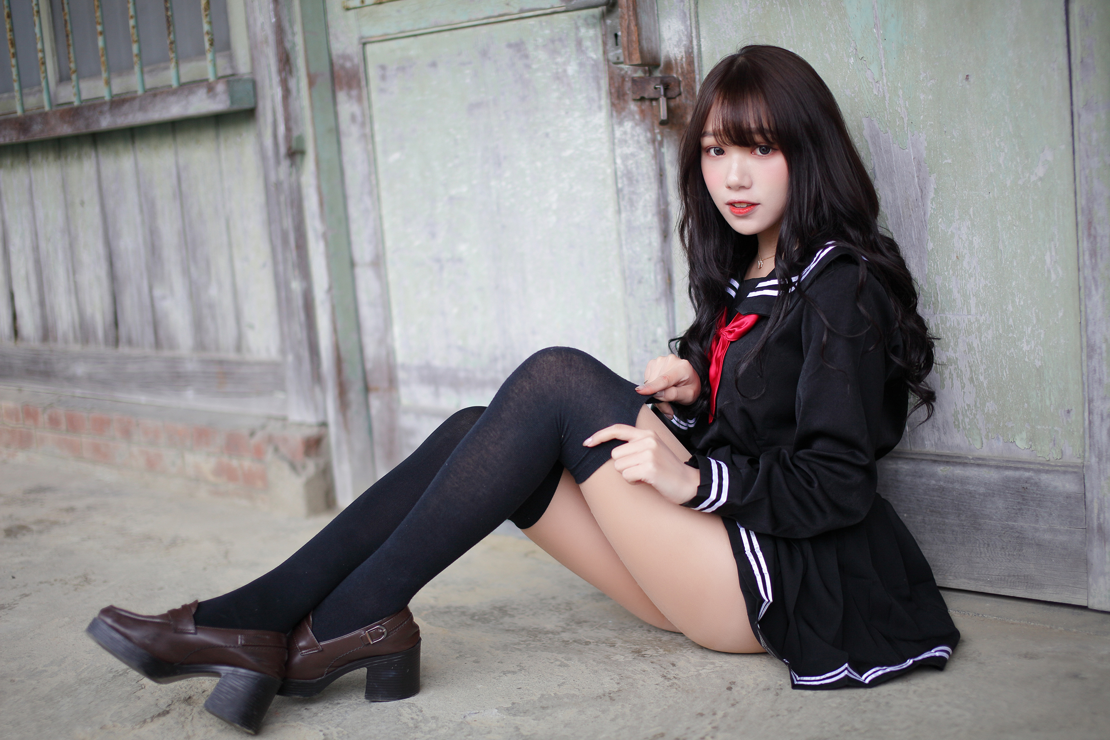 Asian Model Women Long Hair Dark Hair Knee High Socks Sailor Uniform Vicky Asian Model 3840x2560