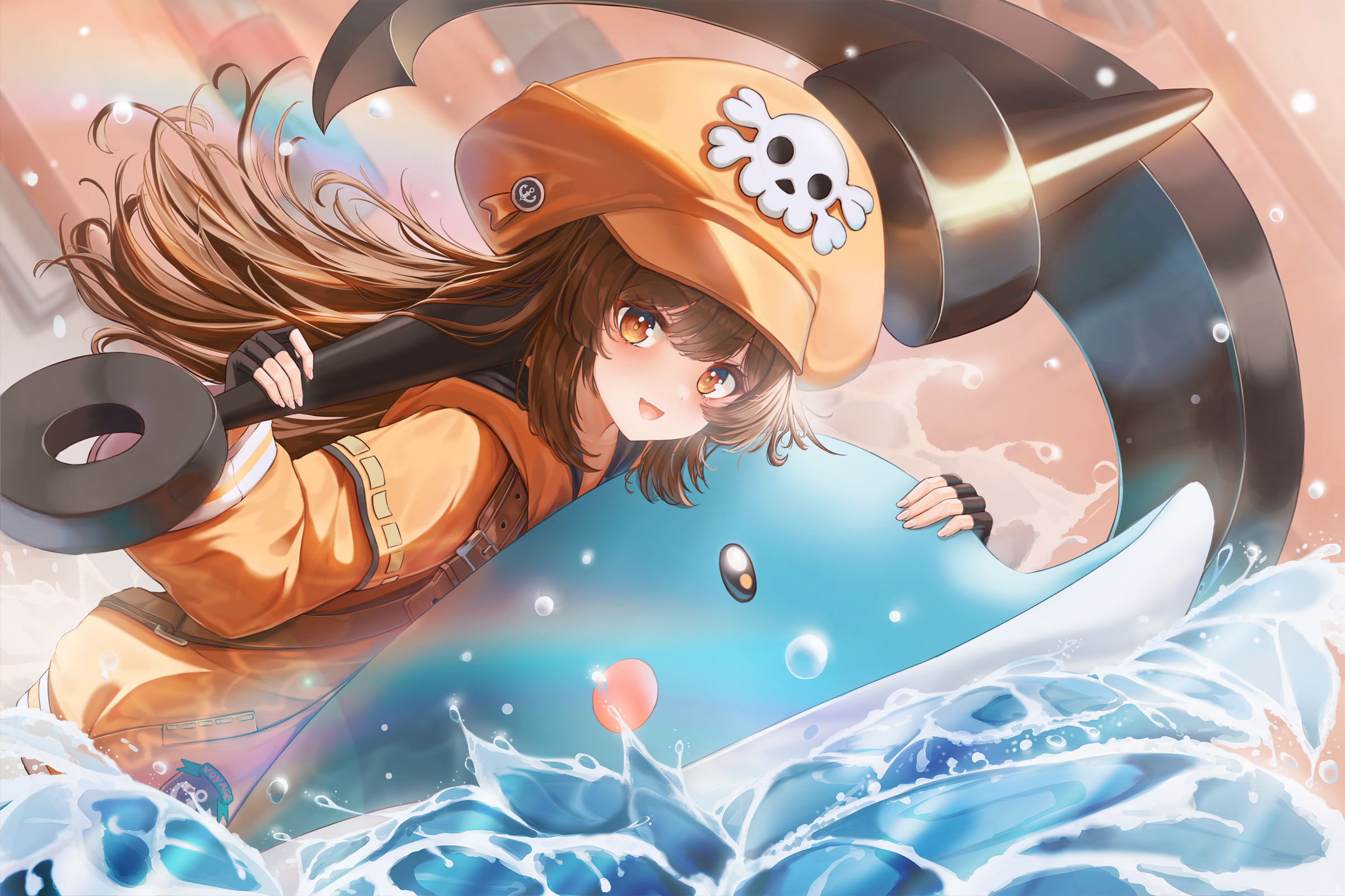 Anime Anime Girls Water Looking At Viewer Brunette Brown Eyes Dolphin Rainbows Anchors Hat Animals W 2400x1600
