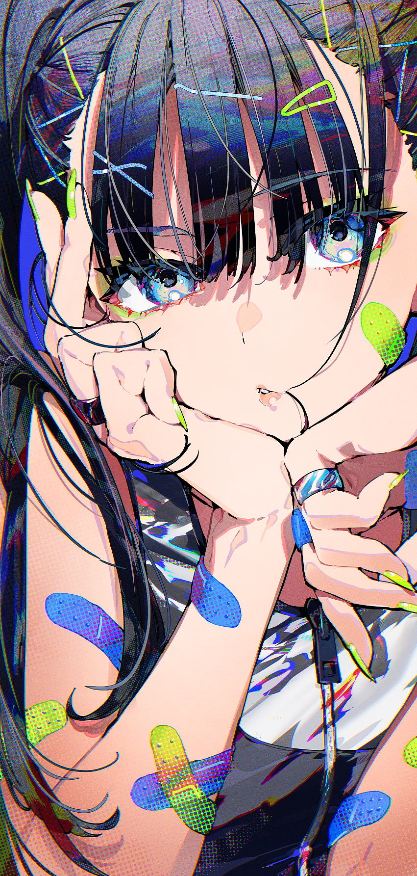 Mika Pikazo Anime Anime Girls Long Hair Colorful Vertical Band Aid Blue Eyes 851x1785