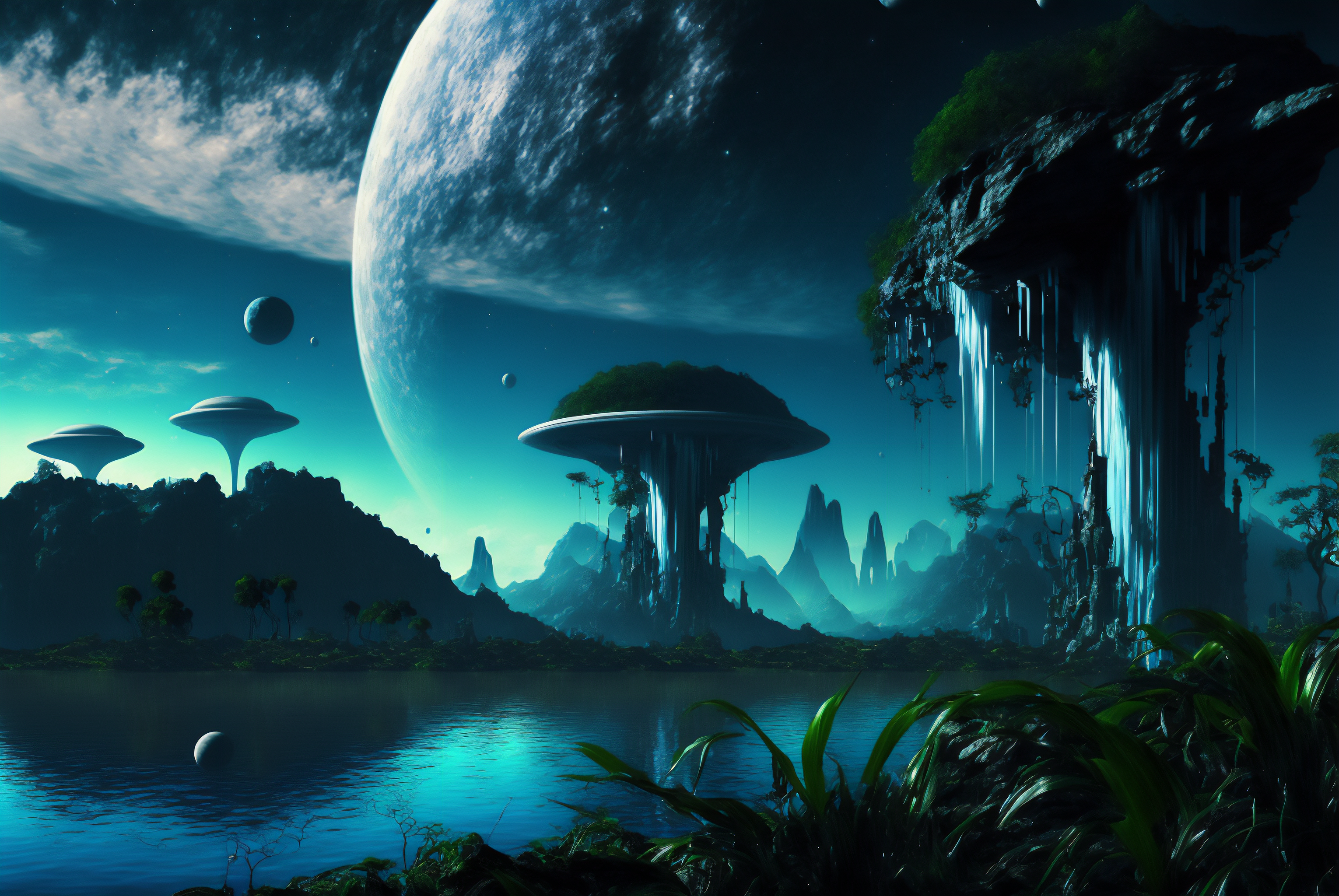 Ai Art Illustration Alien Planet Trees Moon Dawn Water 3060x2048