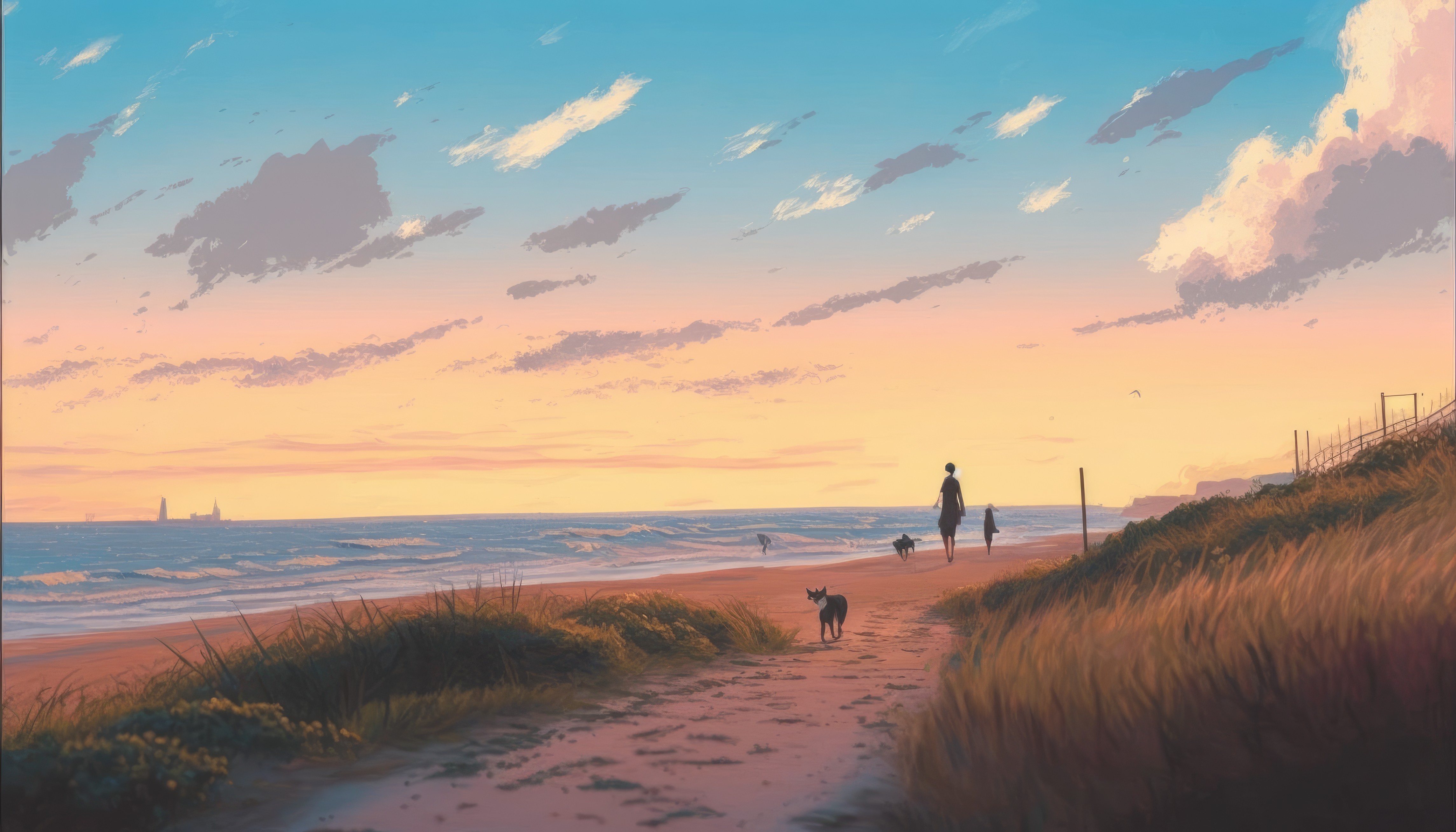 Ai Art Illustration Beach Clouds Sea Water Sand Sky Sunset Glow 4579x2616