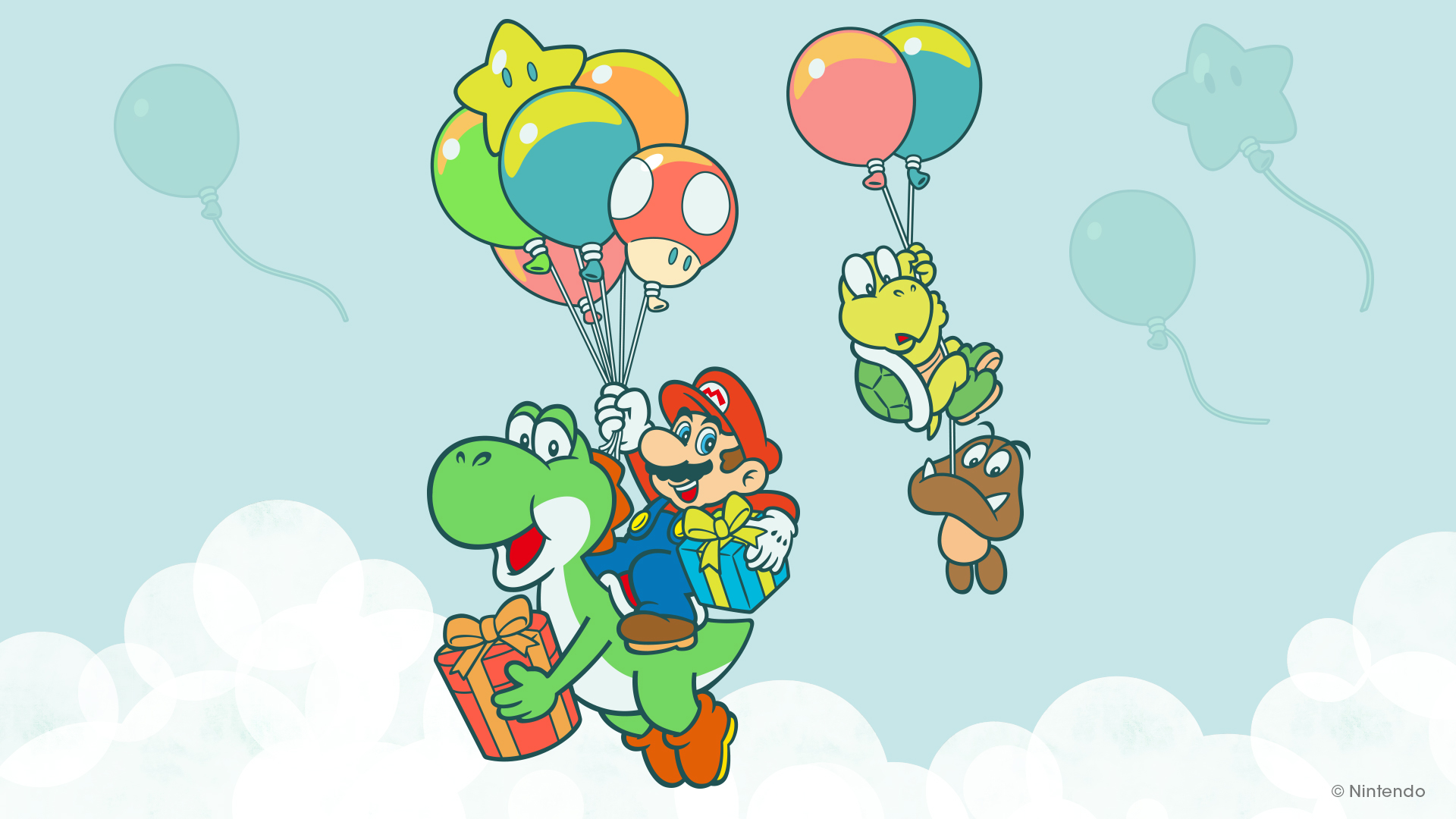 Mario Yoshi Koopa Goomba Balloon Presents Video Game Characters 1920x1080