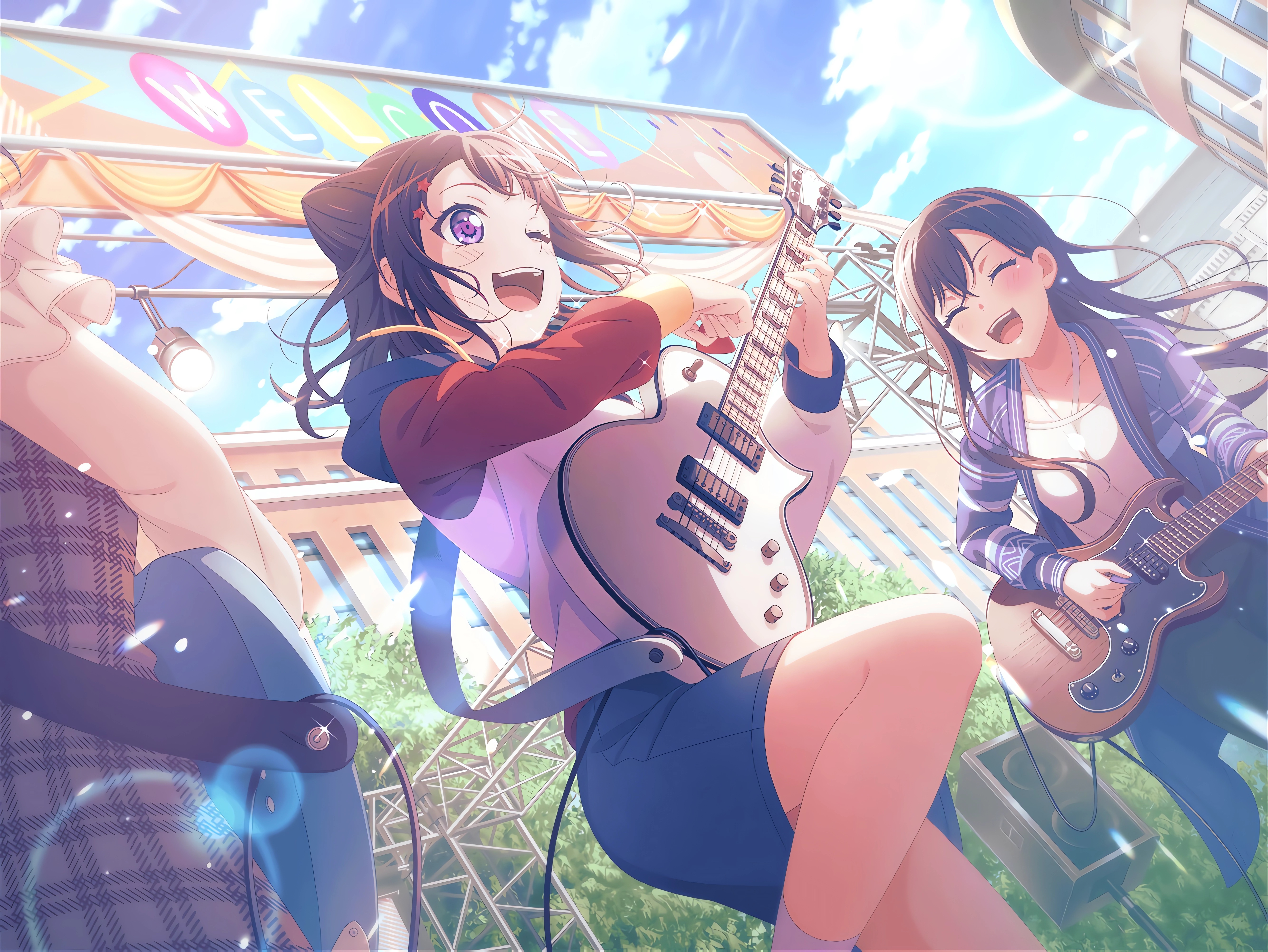 BanG Dream Anime Anime Girls Toyama Kasumi Guitar Musical Instrument Sunlight Sky Clouds One Eye Clo 5336x4008