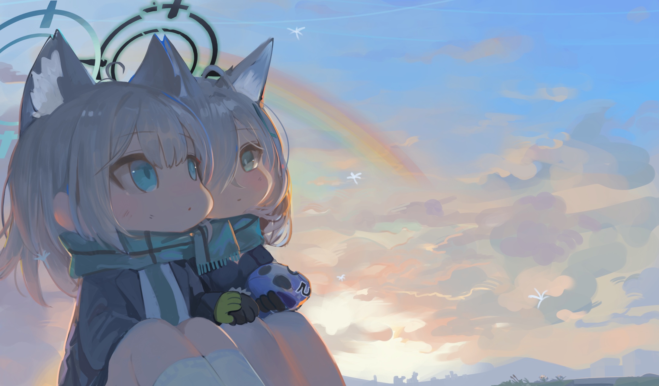 Anime Anime Girls Shiroko Blue Archive Blue Archive Scarf Looking Away Looking Up Sky Clouds Sitting 2182x1280