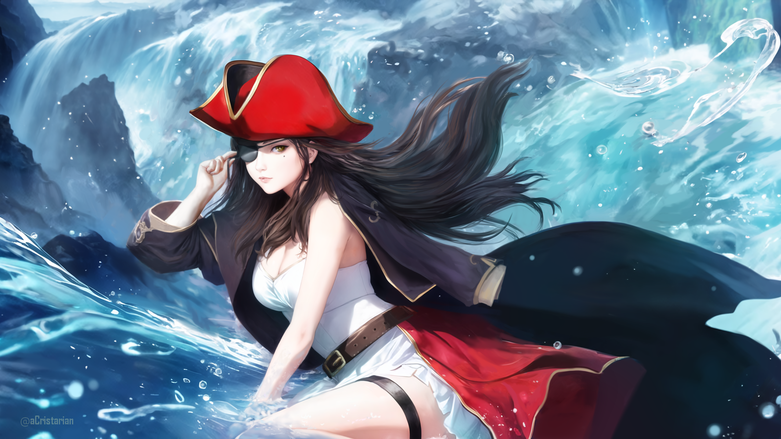 Ocean View Pirate Girl Costumes Anime Girls Water Pirate Hat Hat Eyepatches Moles Mole Under Eye 2560x1440
