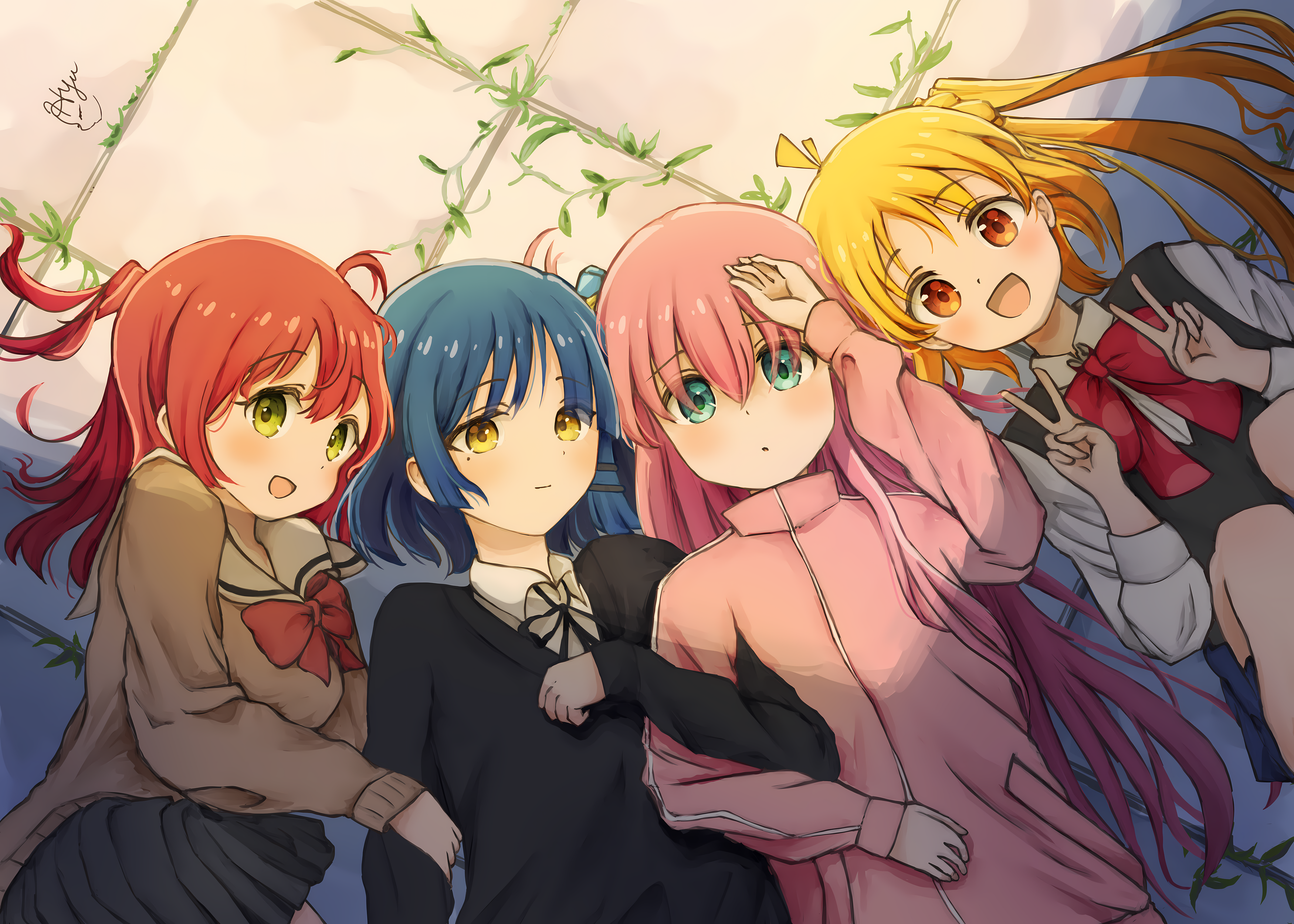 BOCCHi THE ROCK Anime Anime Girls Women Quartet Group Of Women Lineups Lying Down Peace Sign Top Vie 3500x2500