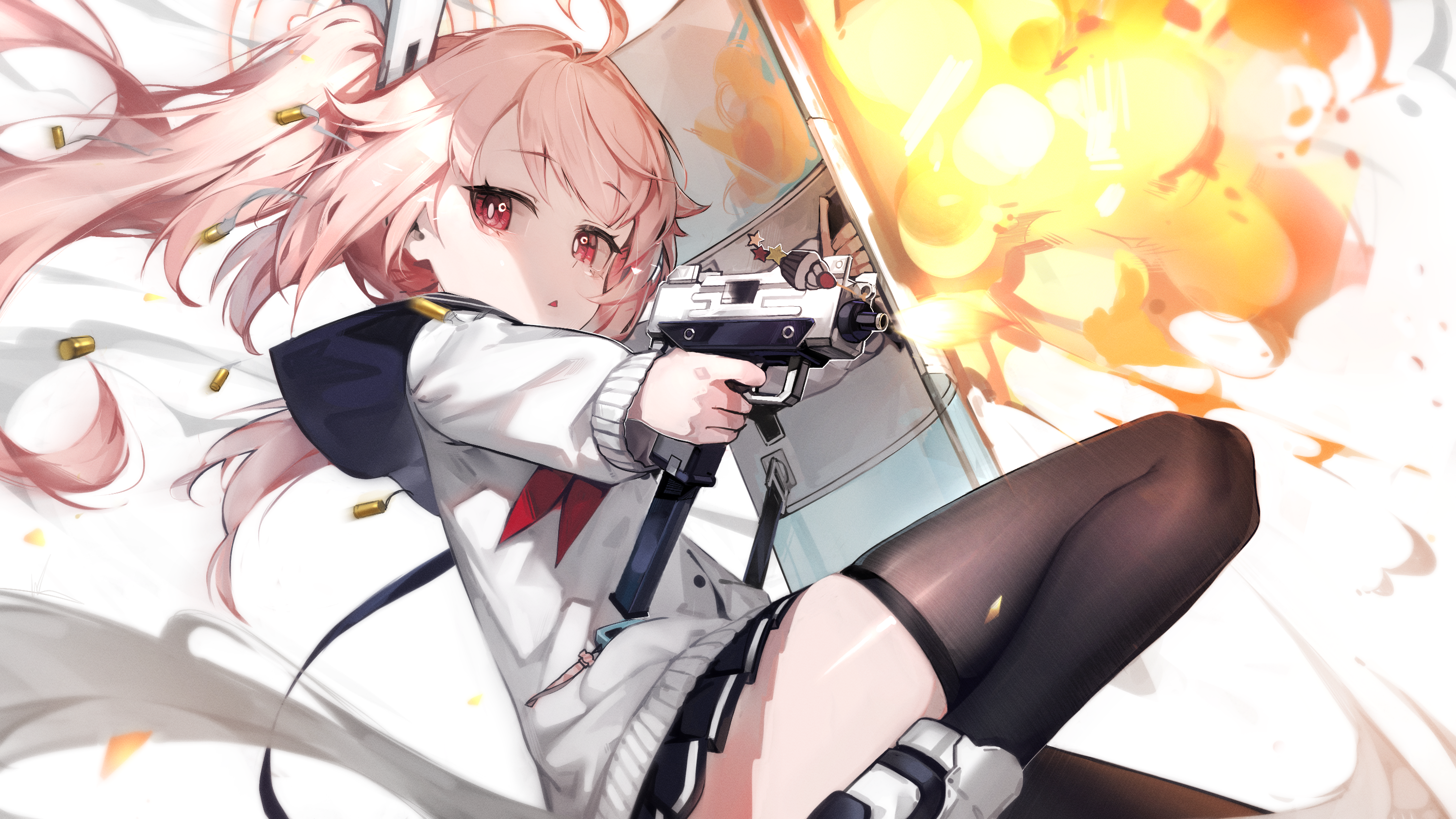 Blue Archive Yutori Natsu Weapon Pink Hair Anime Girls White Background Sailor Uniform Gun Schoolgir 3000x1688