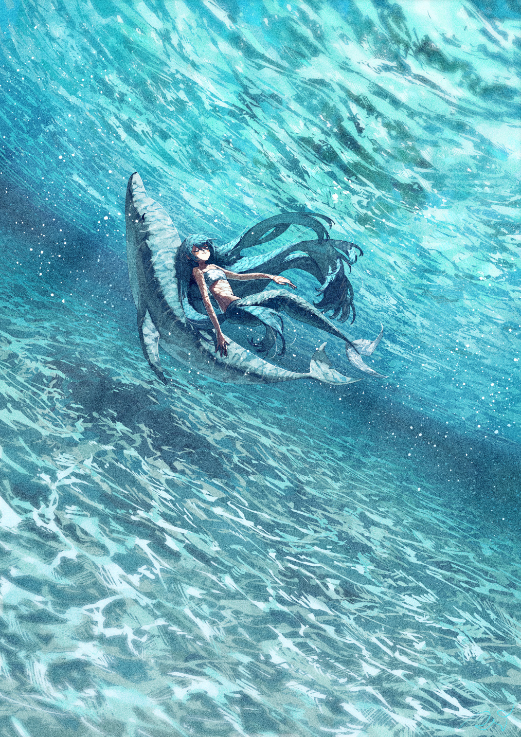 Potg Anime Girls Illustration Artwork Vertical Sea Fish Mermaids Underwater Blue Dolphin Blue Hair I 1013x1433